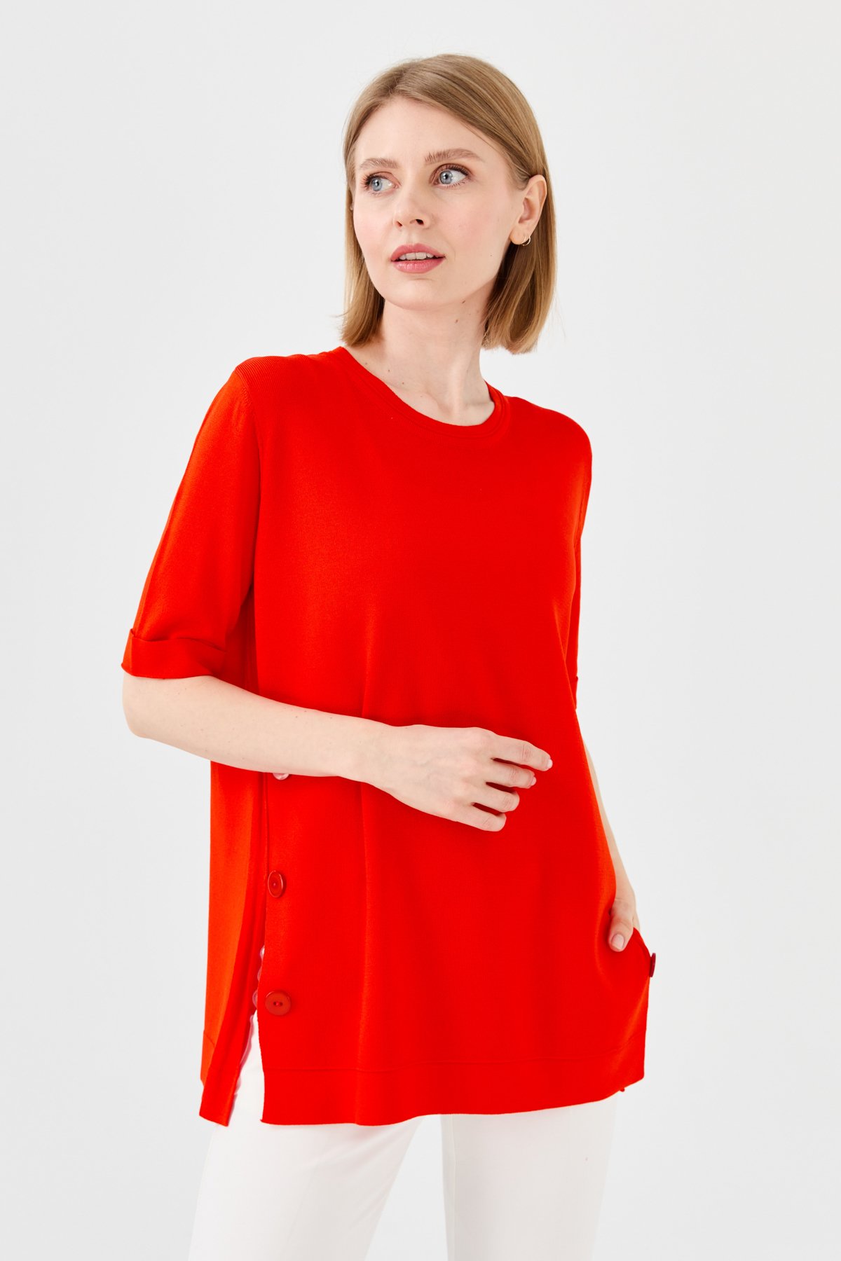 23354Kadın Sıfır Yaka Yazlık Triko Bluz Kırmızı