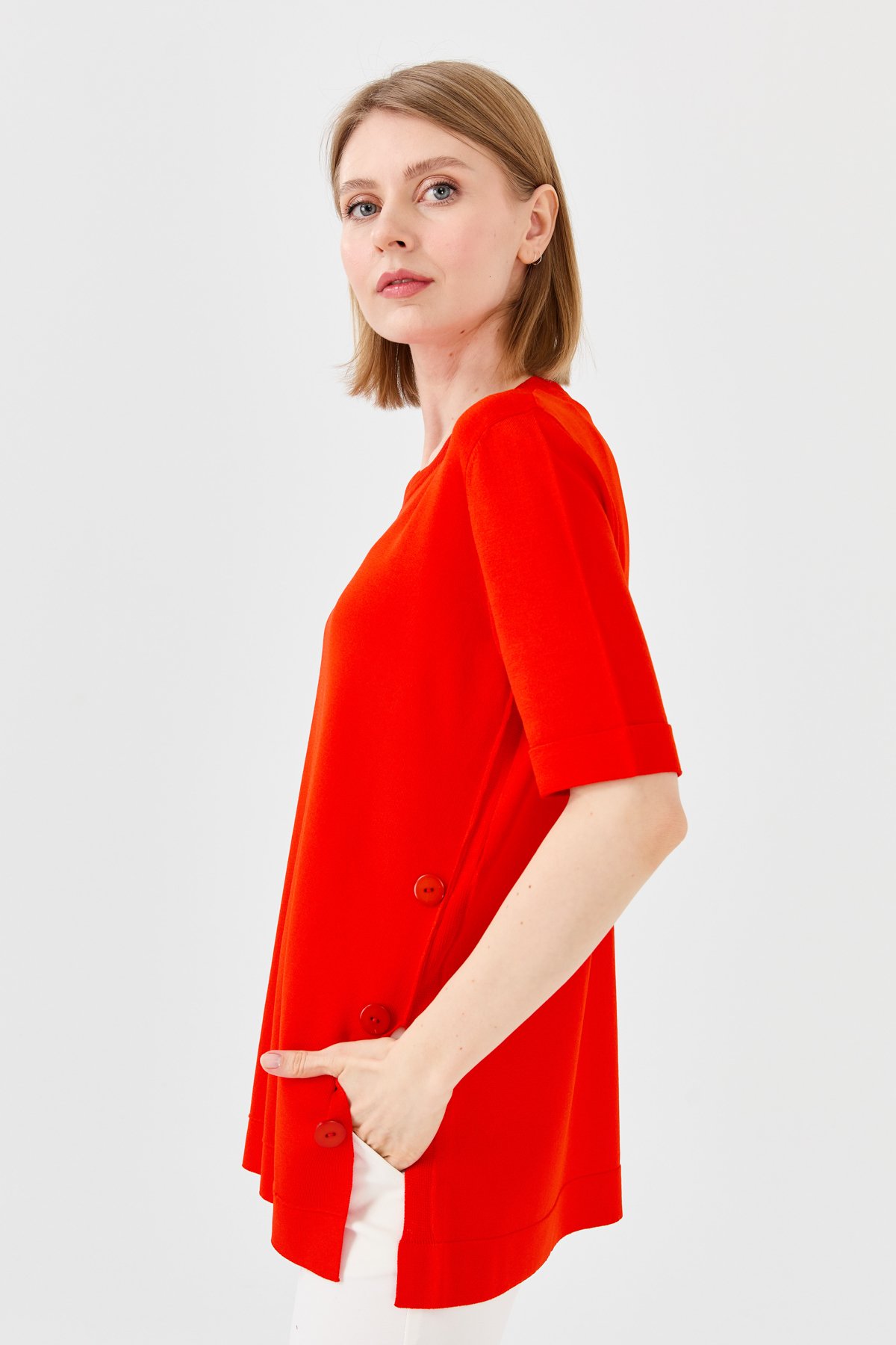 23354Kadın Sıfır Yaka Yazlık Triko Bluz Kırmızı