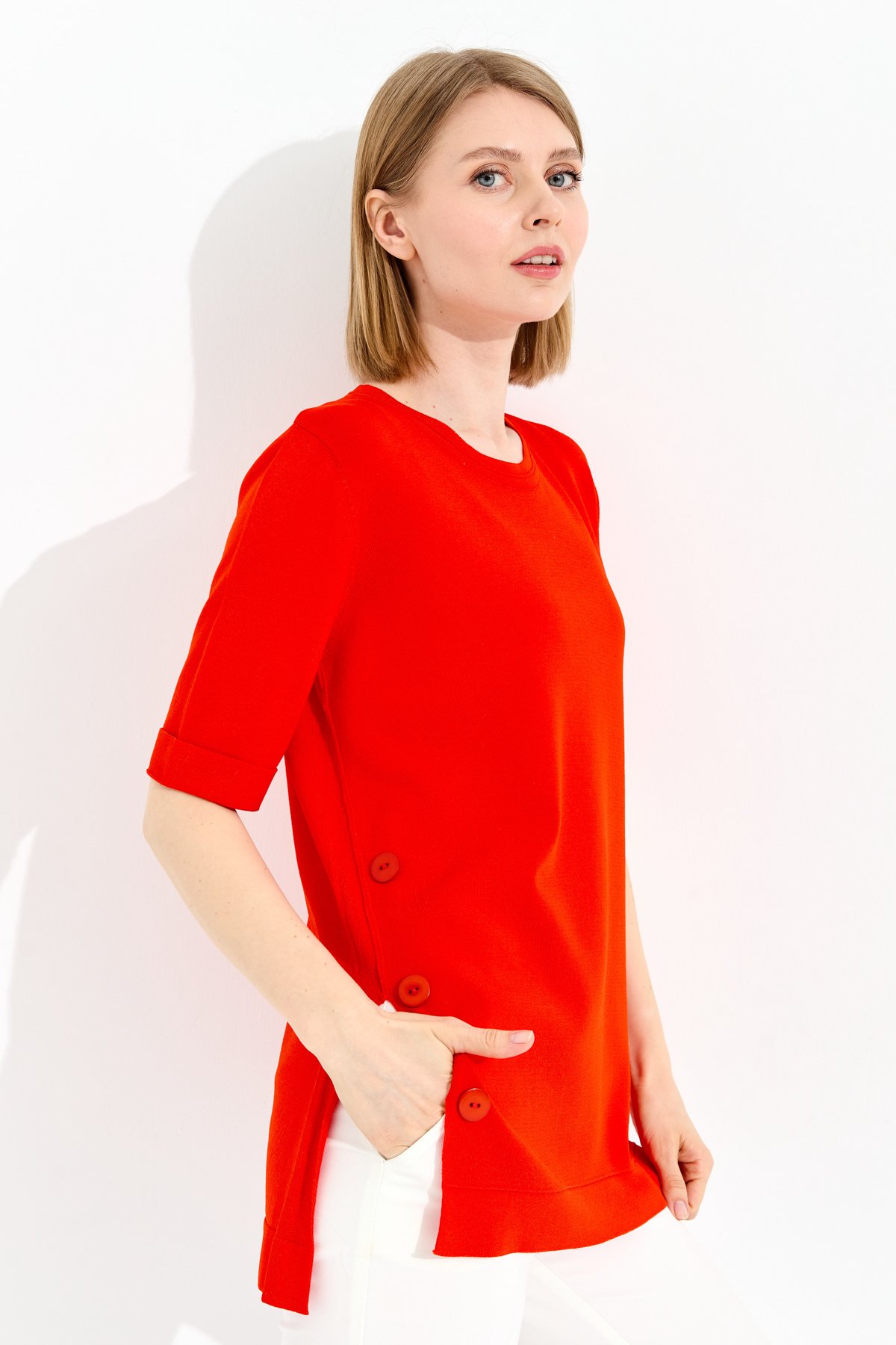 23354Kadın Sıfır Yaka Yazlık Triko Bluz Kırmızı