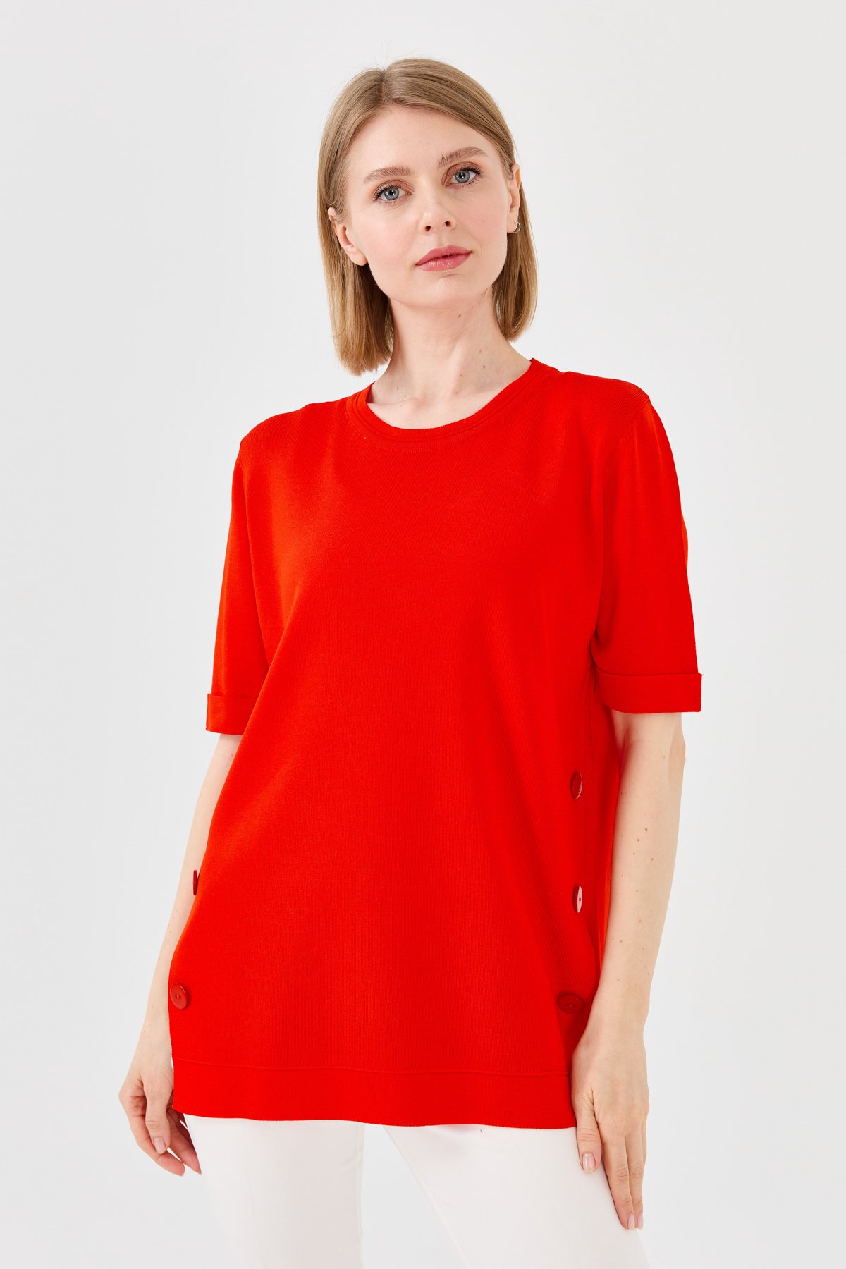 23354Kadın Sıfır Yaka Yazlık Triko Bluz Kırmızı