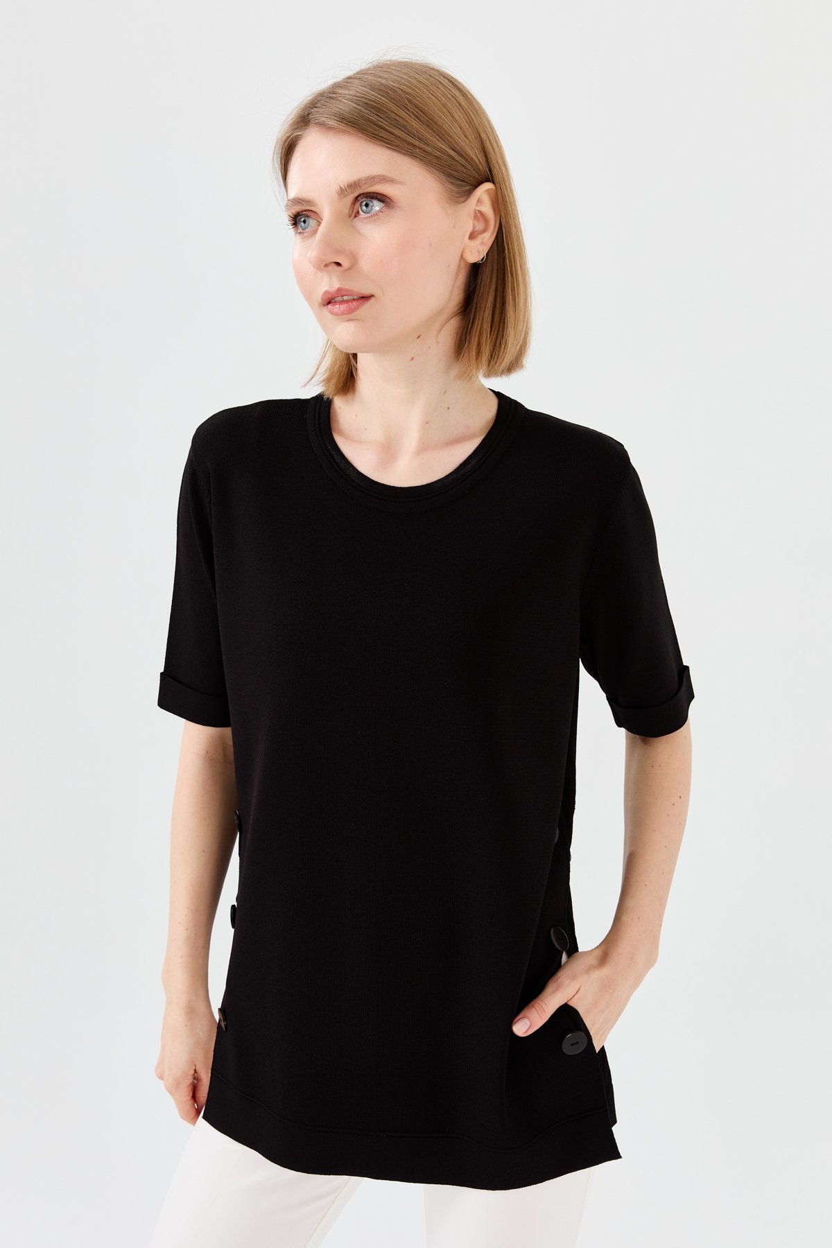 23354Kadın Sıfır Yaka Yazlık Triko Bluz Siyah