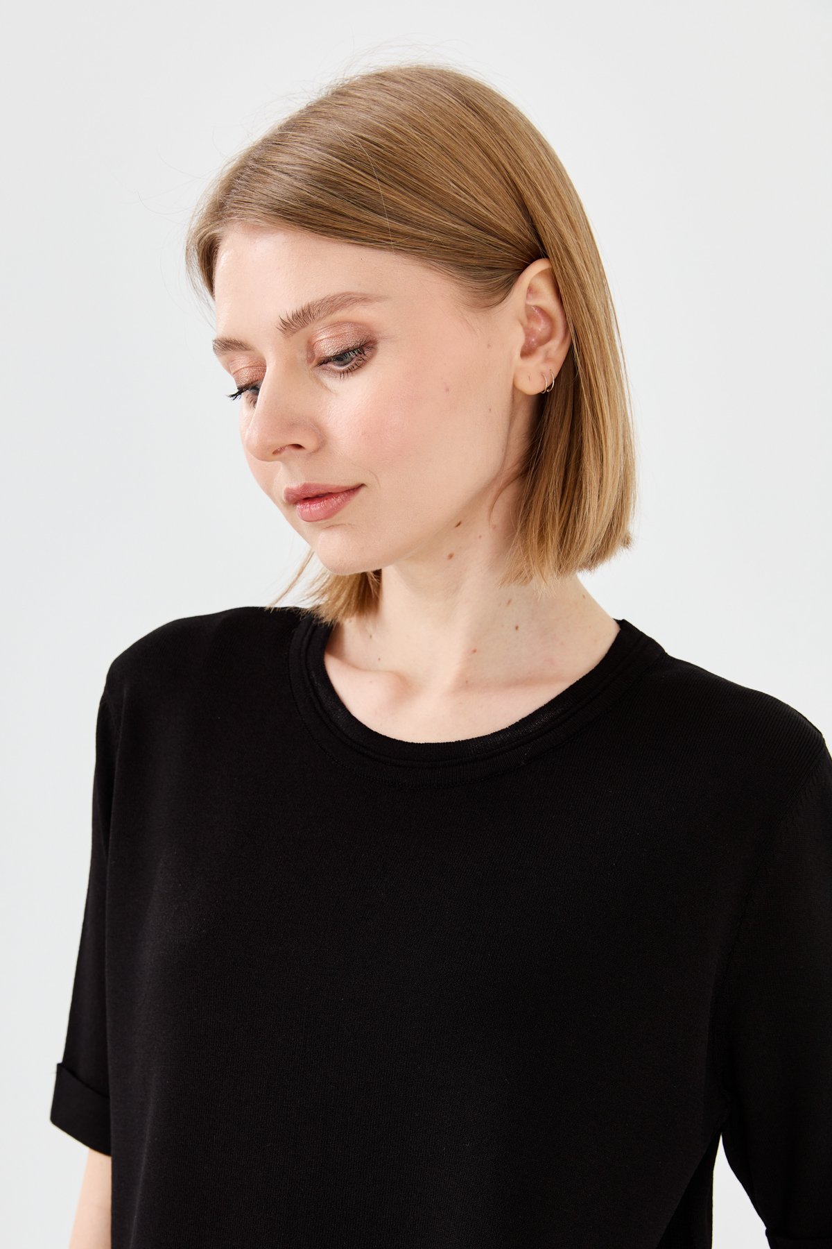 23354Kadın Sıfır Yaka Yazlık Triko Bluz Siyah