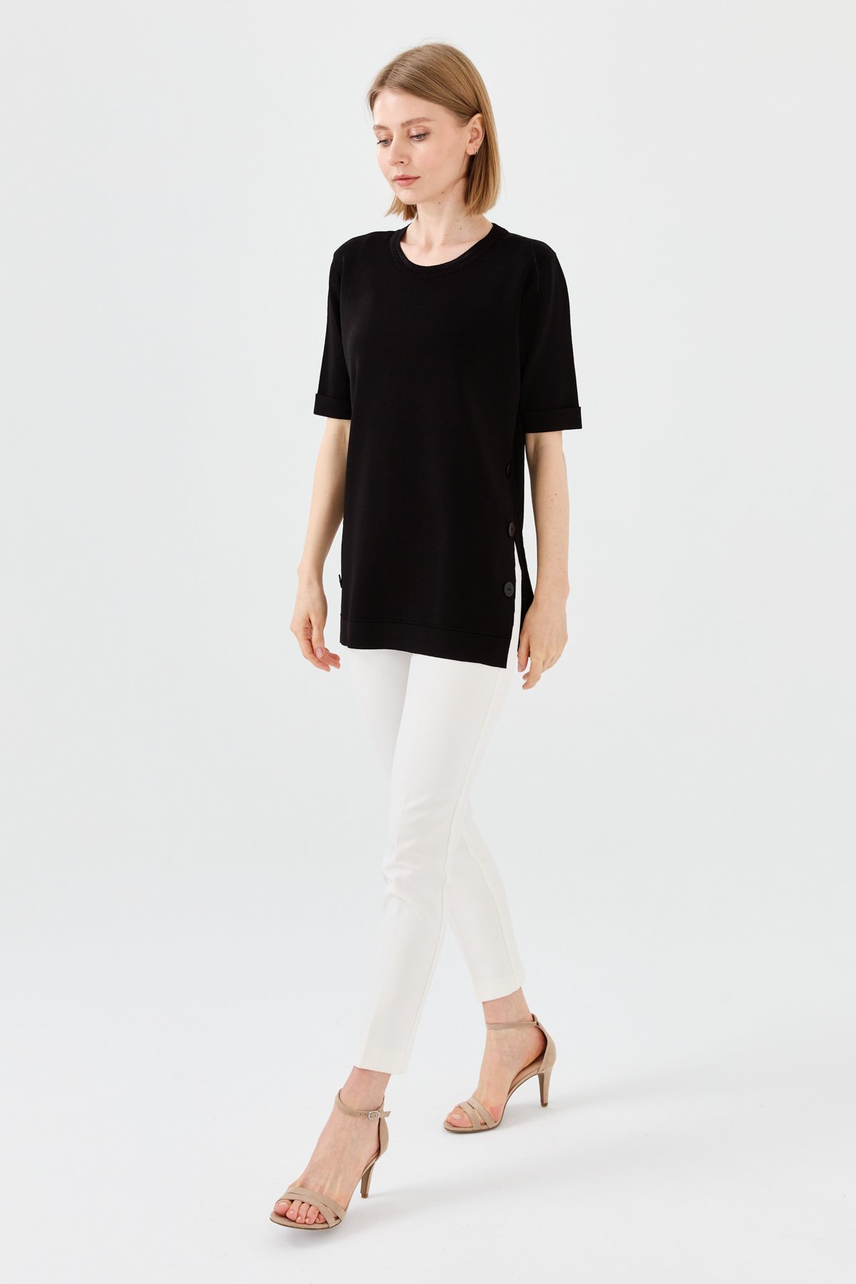 23354Kadın Sıfır Yaka Yazlık Triko Bluz Siyah