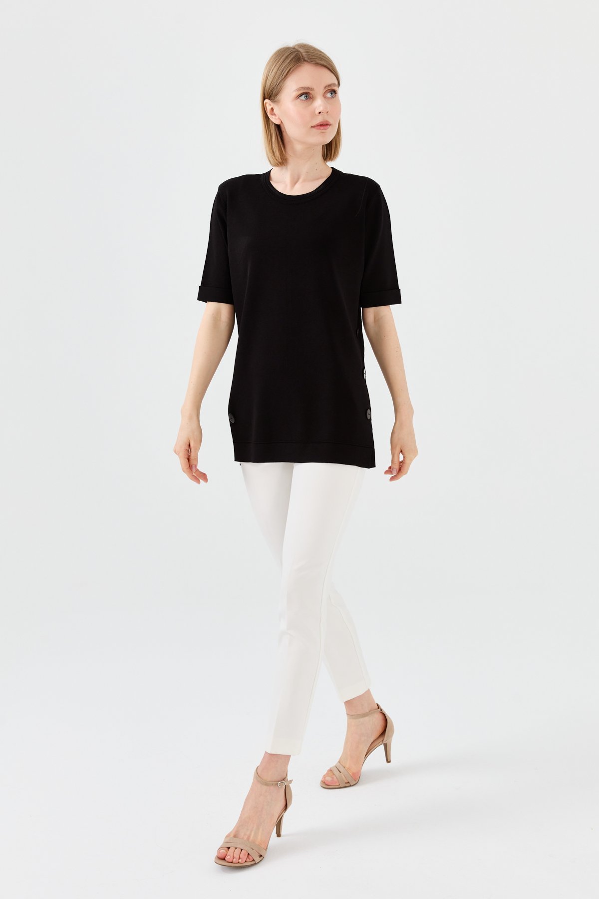 23354Kadın Sıfır Yaka Yazlık Triko Bluz Siyah