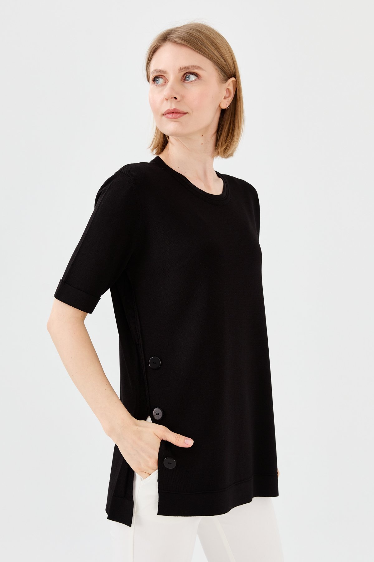 23354Kadın Sıfır Yaka Yazlık Triko Bluz Siyah