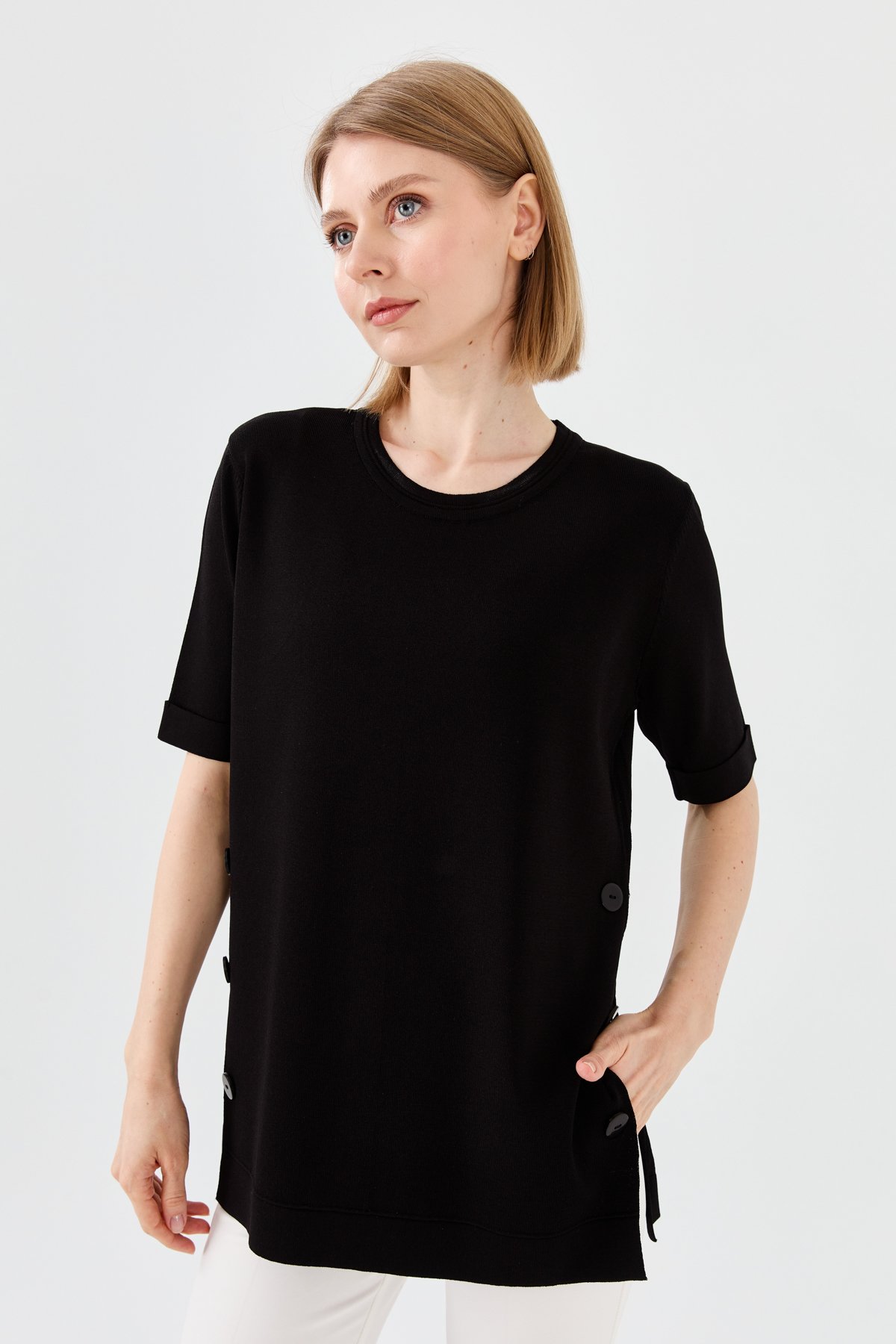 23354Kadın Sıfır Yaka Yazlık Triko Bluz Siyah