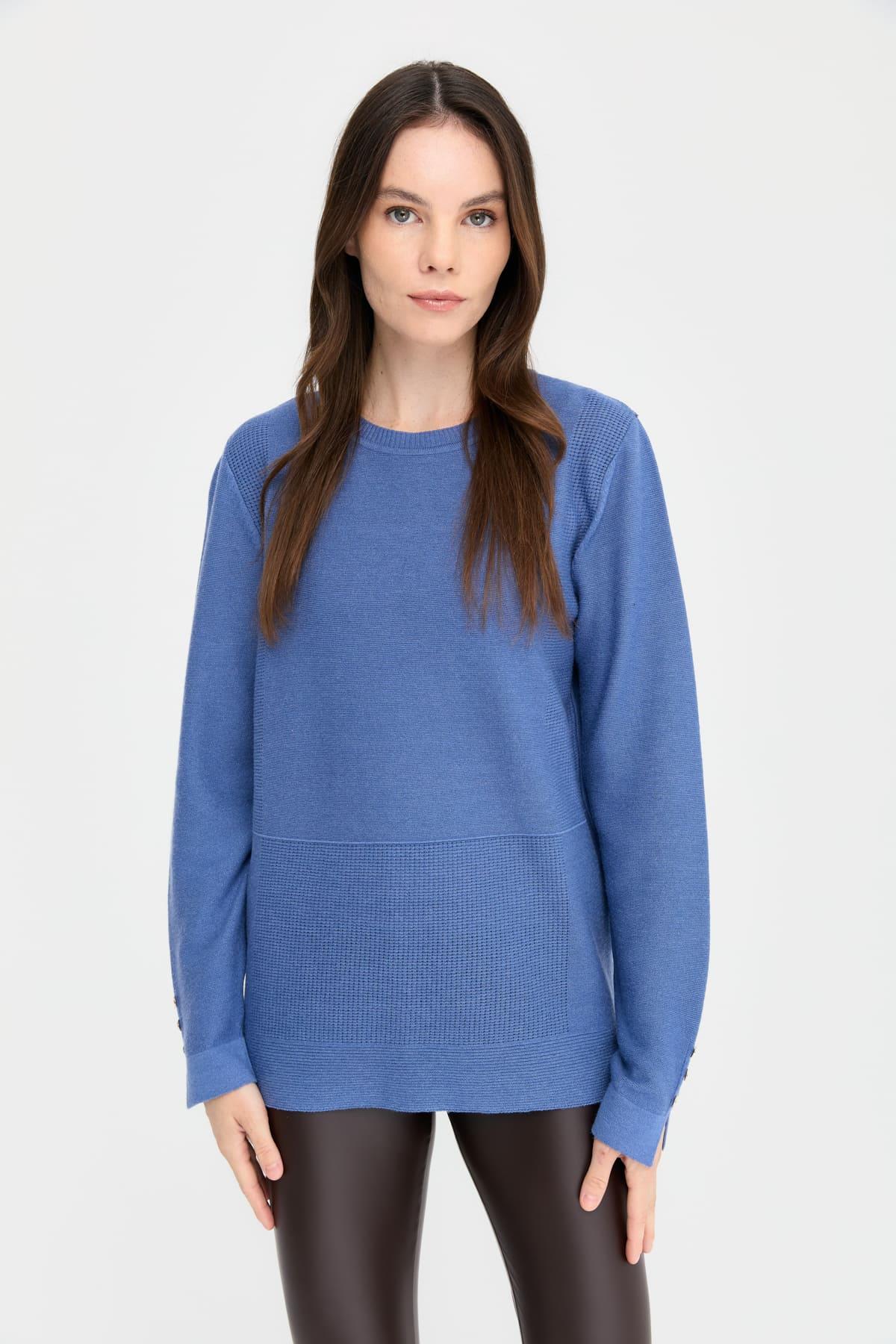 24357Kadın Sıfır Yaka Yırtmaçlı Kazak İndigo