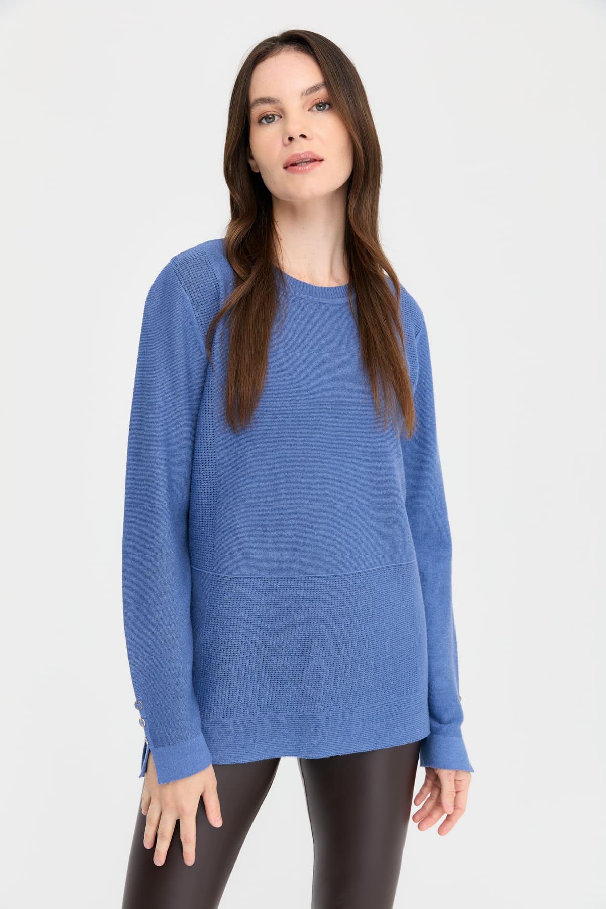 24357Kadın Sıfır Yaka Yırtmaçlı Kazak İndigo