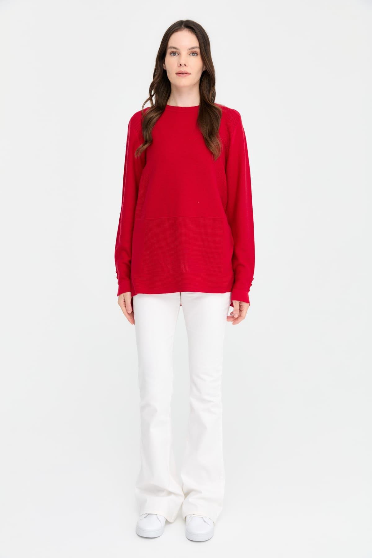 24357Kadın Sıfır Yaka Yırtmaçlı Kazak Kırmızı