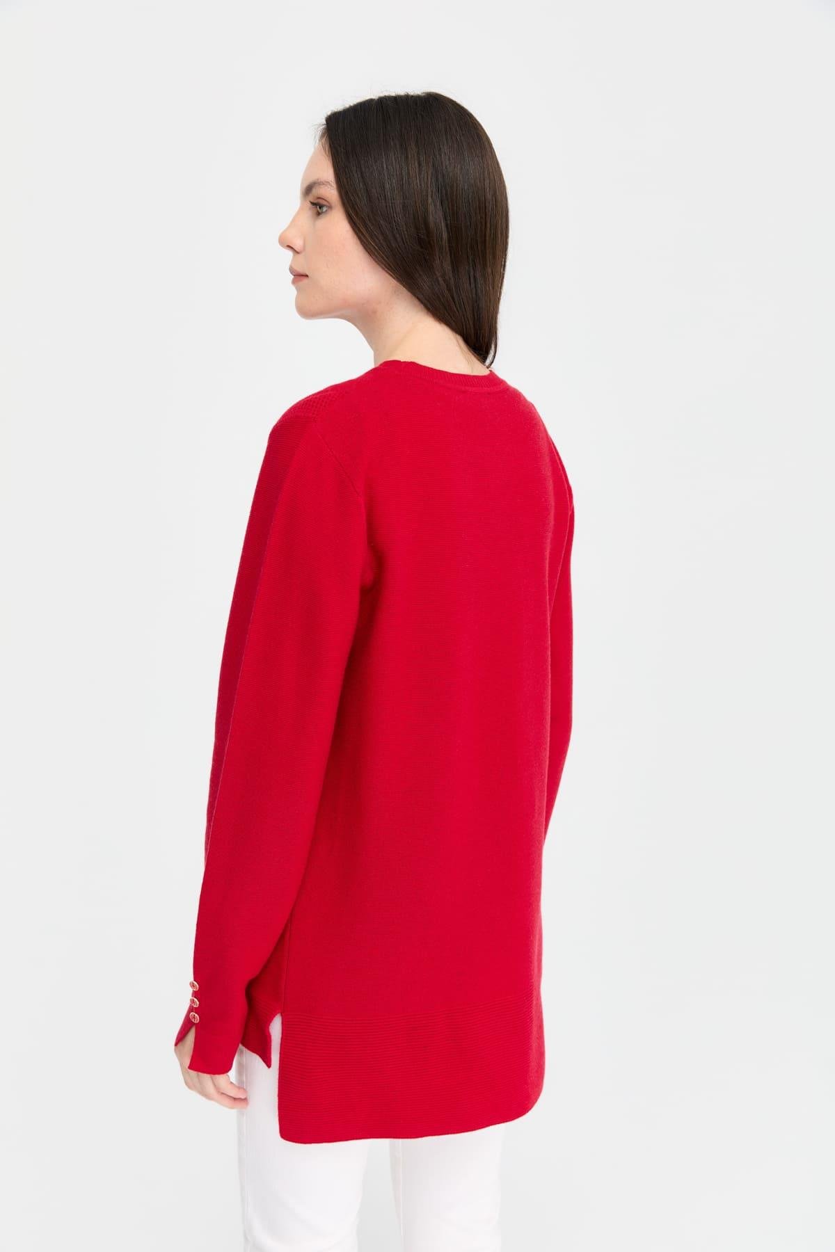 24357Kadın Sıfır Yaka Yırtmaçlı Kazak Kırmızı