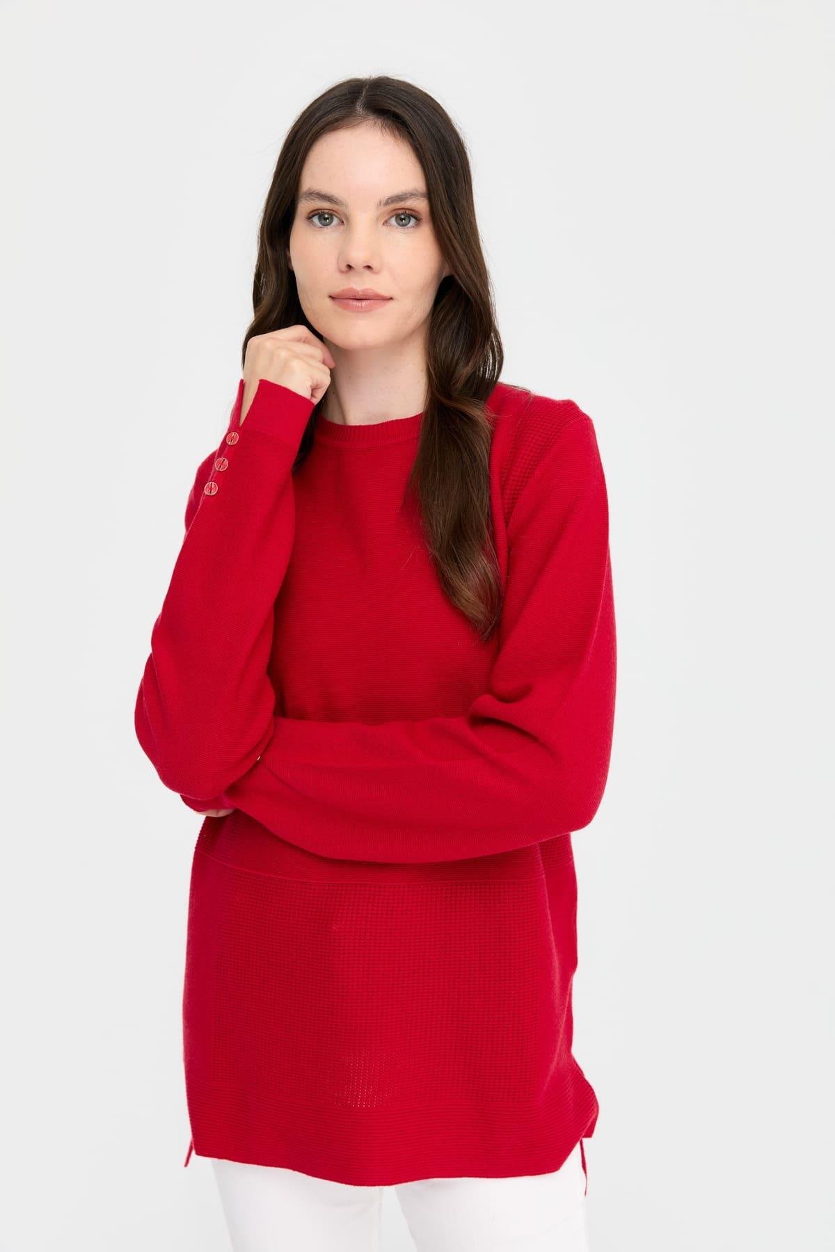 24357Kadın Sıfır Yaka Yırtmaçlı Kazak Kırmızı