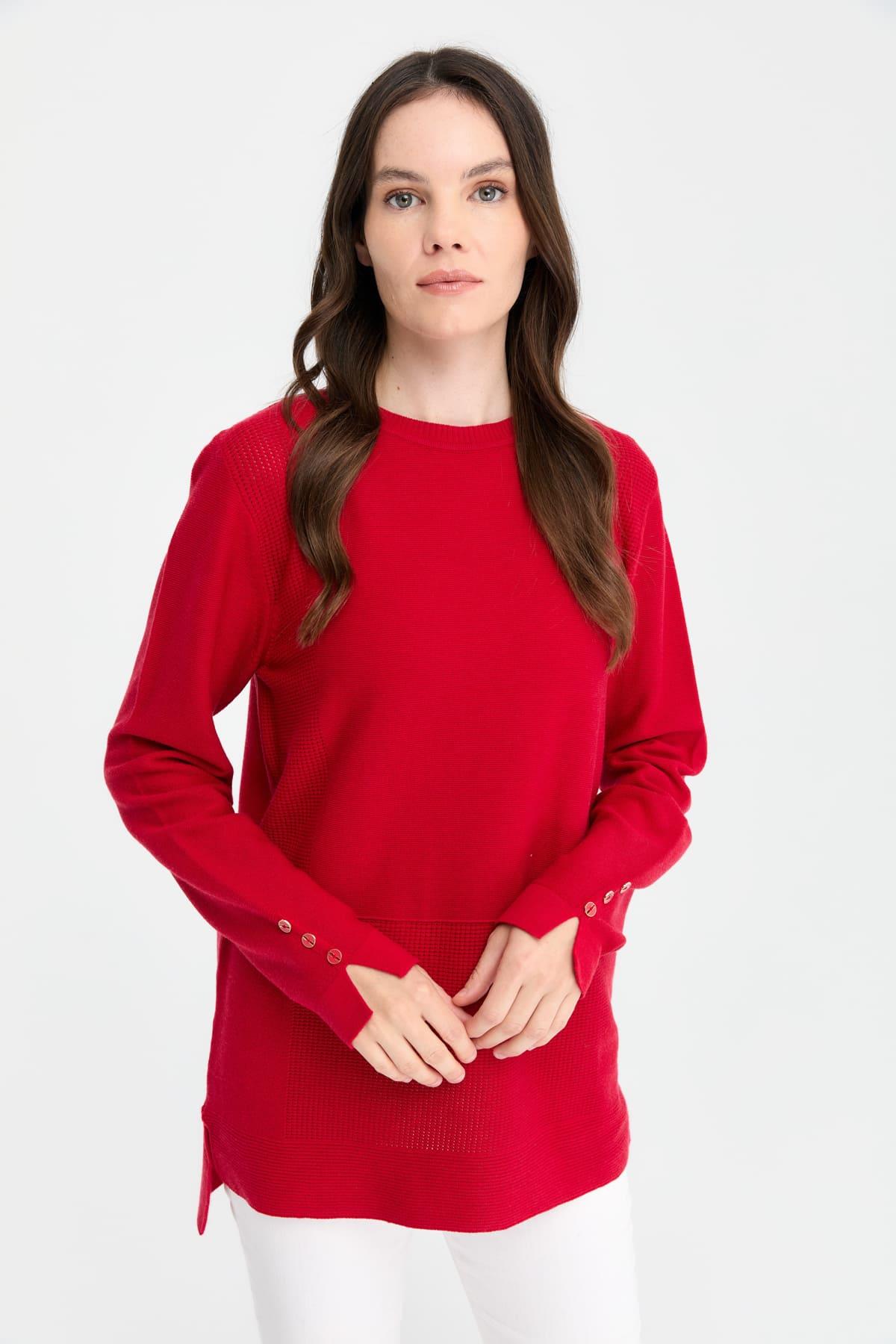 24357Kadın Sıfır Yaka Yırtmaçlı Kazak Kırmızı