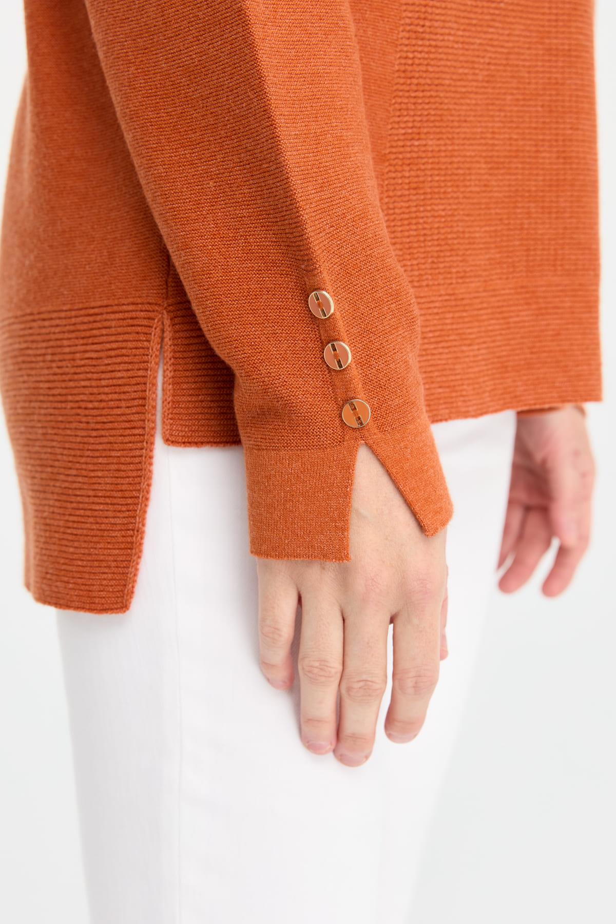 24357Kadın Sıfır Yaka Yırtmaçlı Kazak Turuncu