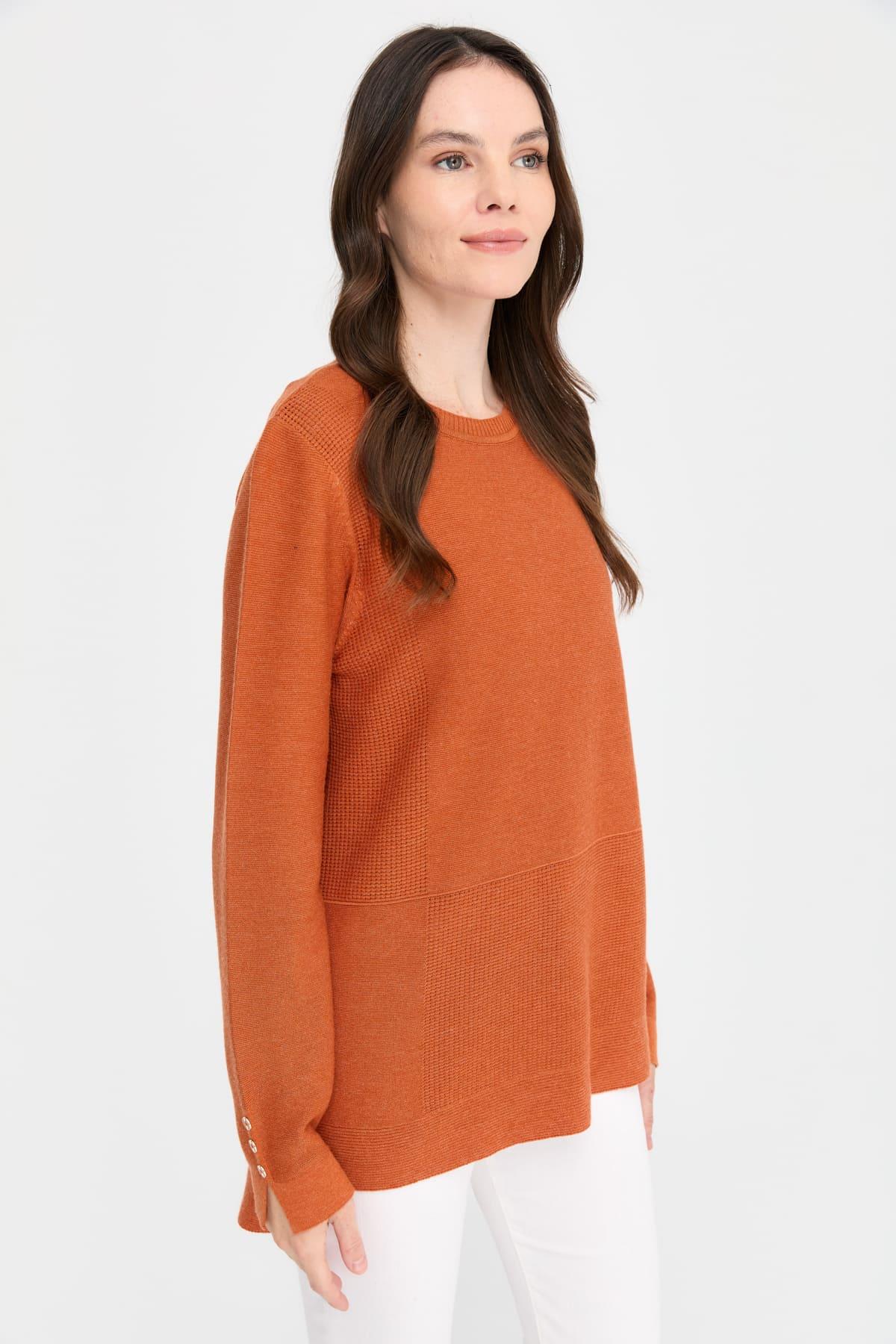 24357Kadın Sıfır Yaka Yırtmaçlı Kazak Turuncu