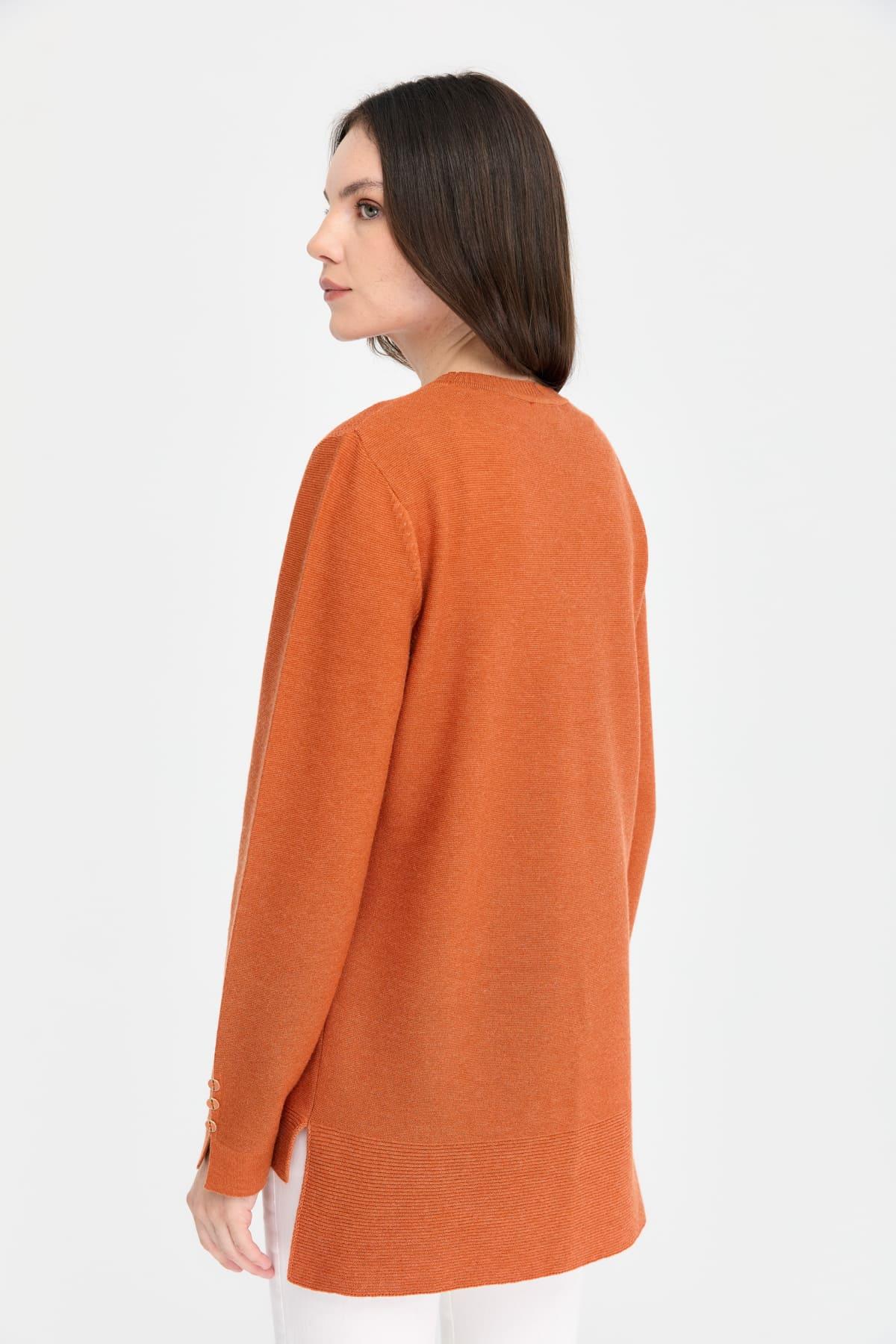 24357Kadın Sıfır Yaka Yırtmaçlı Kazak Turuncu