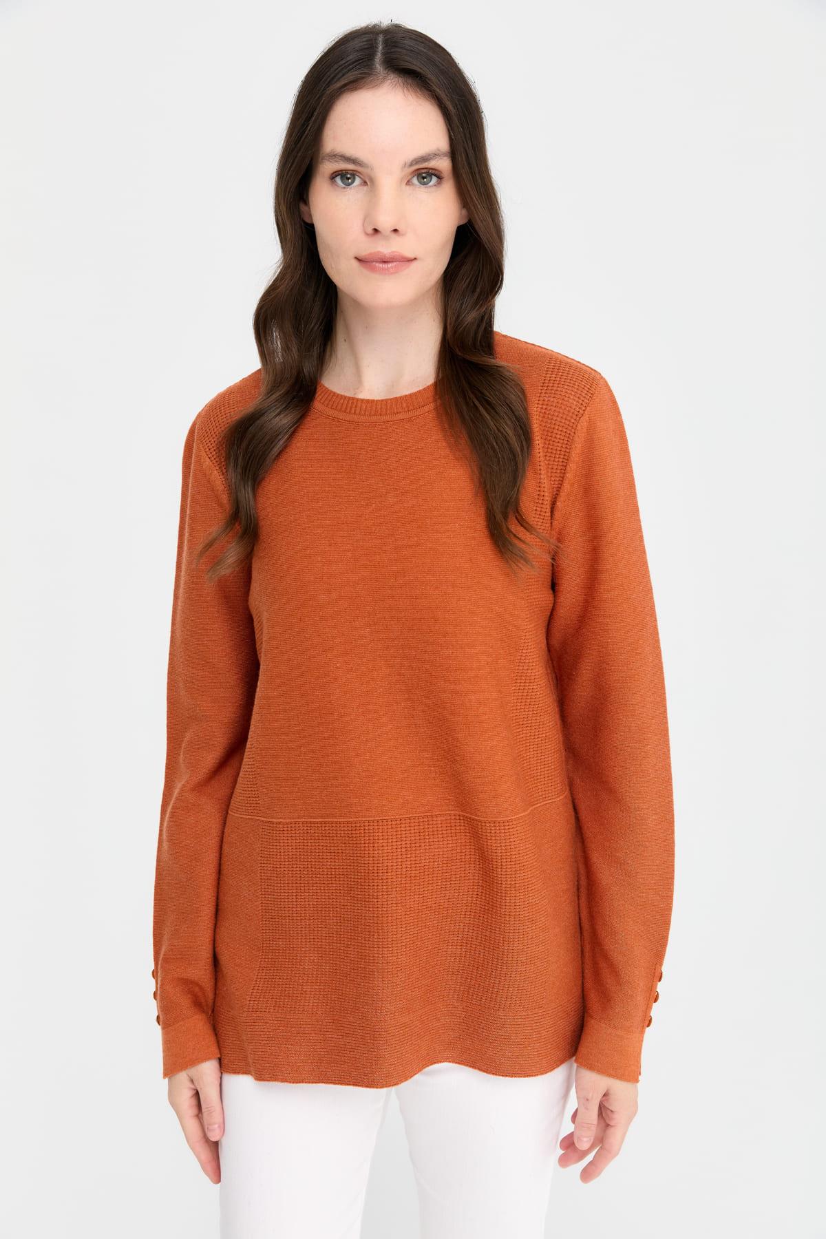 24357Kadın Sıfır Yaka Yırtmaçlı Kazak Turuncu