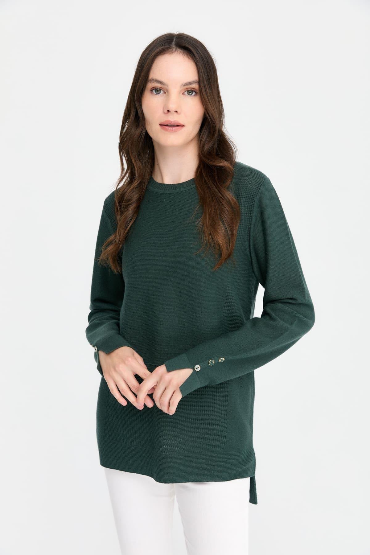 24357Kadın Sıfır Yaka Yırtmaçlı Kazak Yeşil