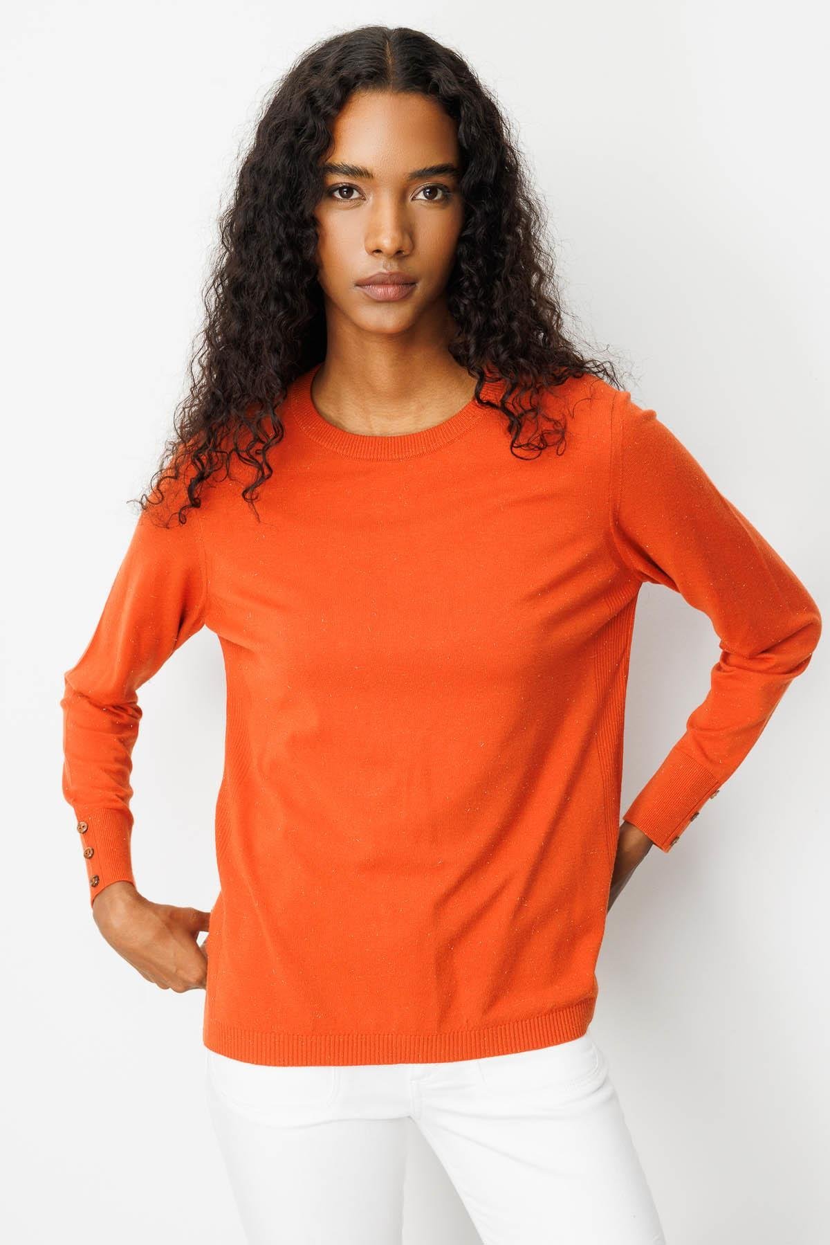 25293Kadın Sıfır Yaka Yırtmaçlı Yanı Düğmeli Kazak Portakal