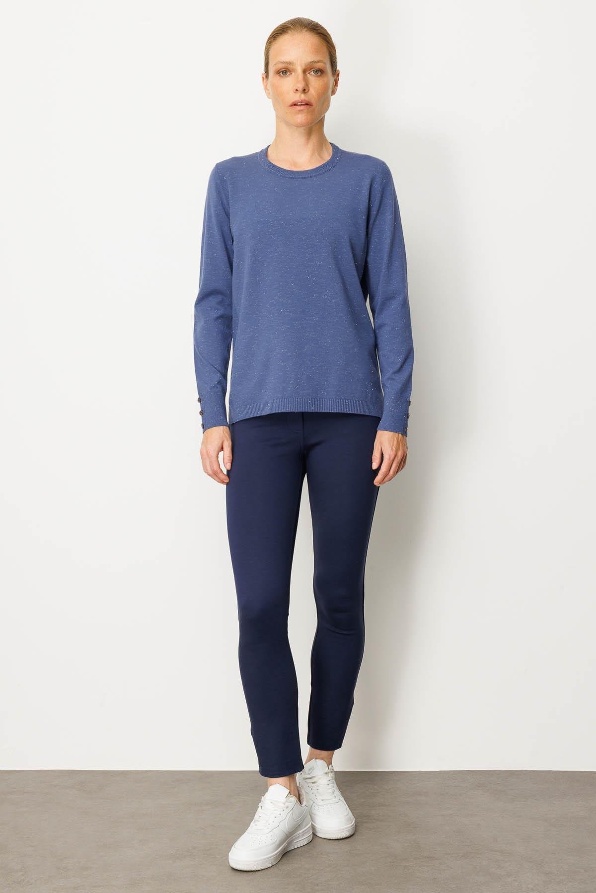 25293Kadın Sıfır Yaka Yırtmaçlı Yanı Düğmeli Kazak İndigo