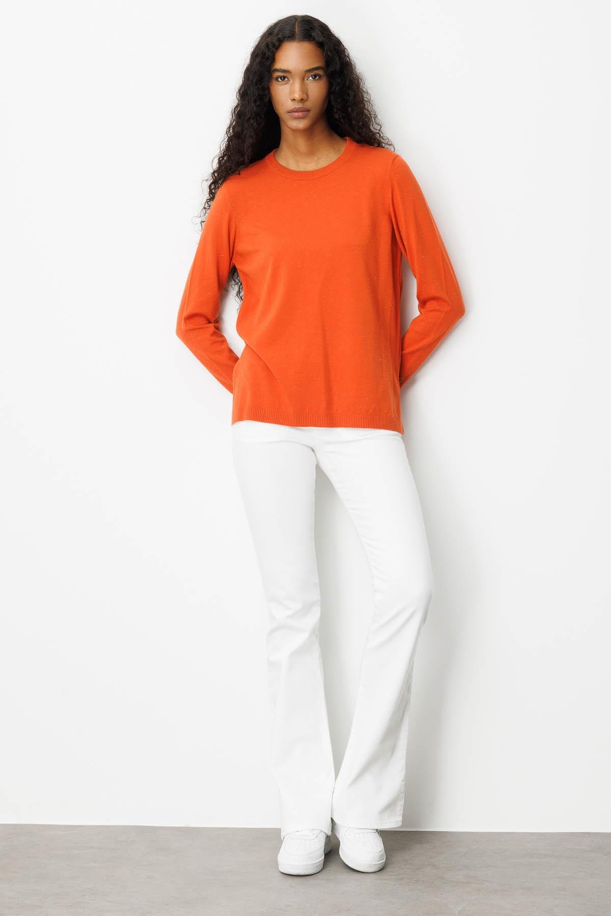 25293Kadın Sıfır Yaka Yırtmaçlı Yanı Düğmeli Kazak Portakal