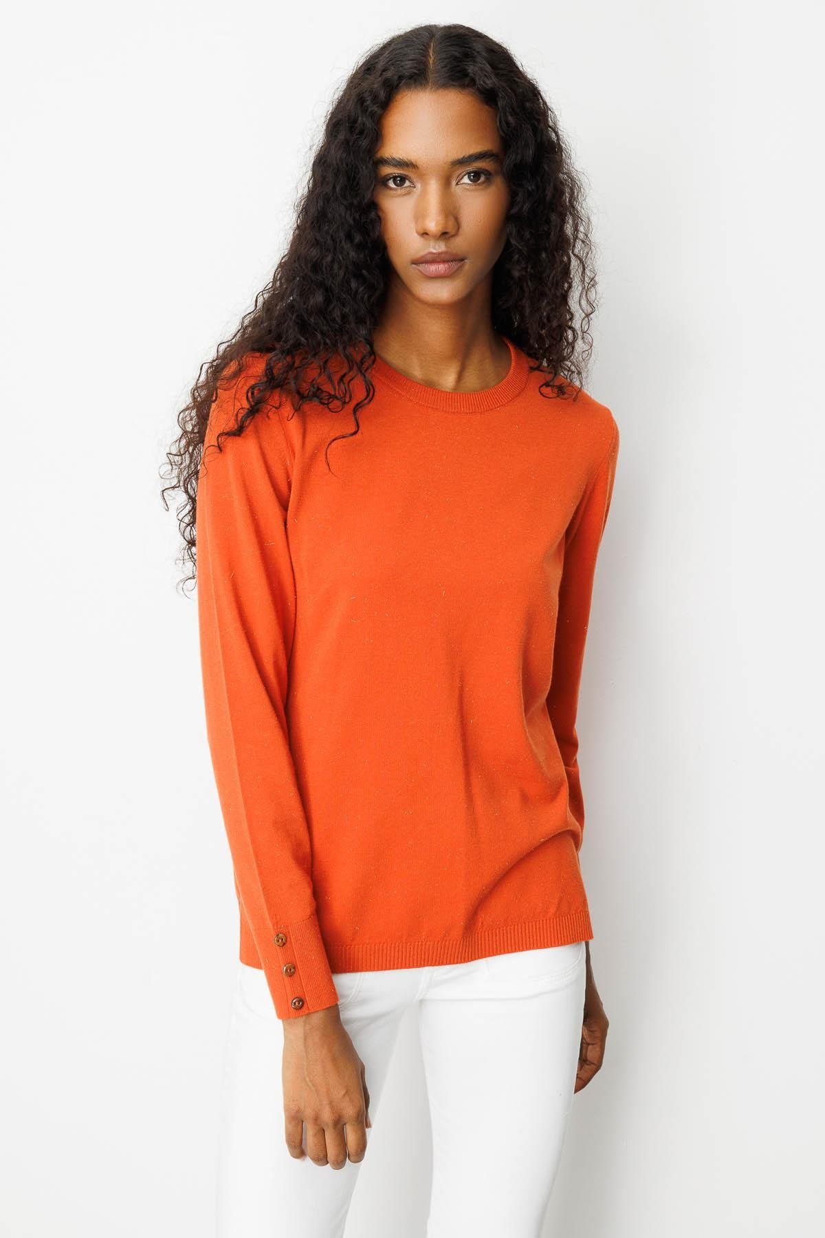 25293Kadın Sıfır Yaka Yırtmaçlı Yanı Düğmeli Kazak Portakal