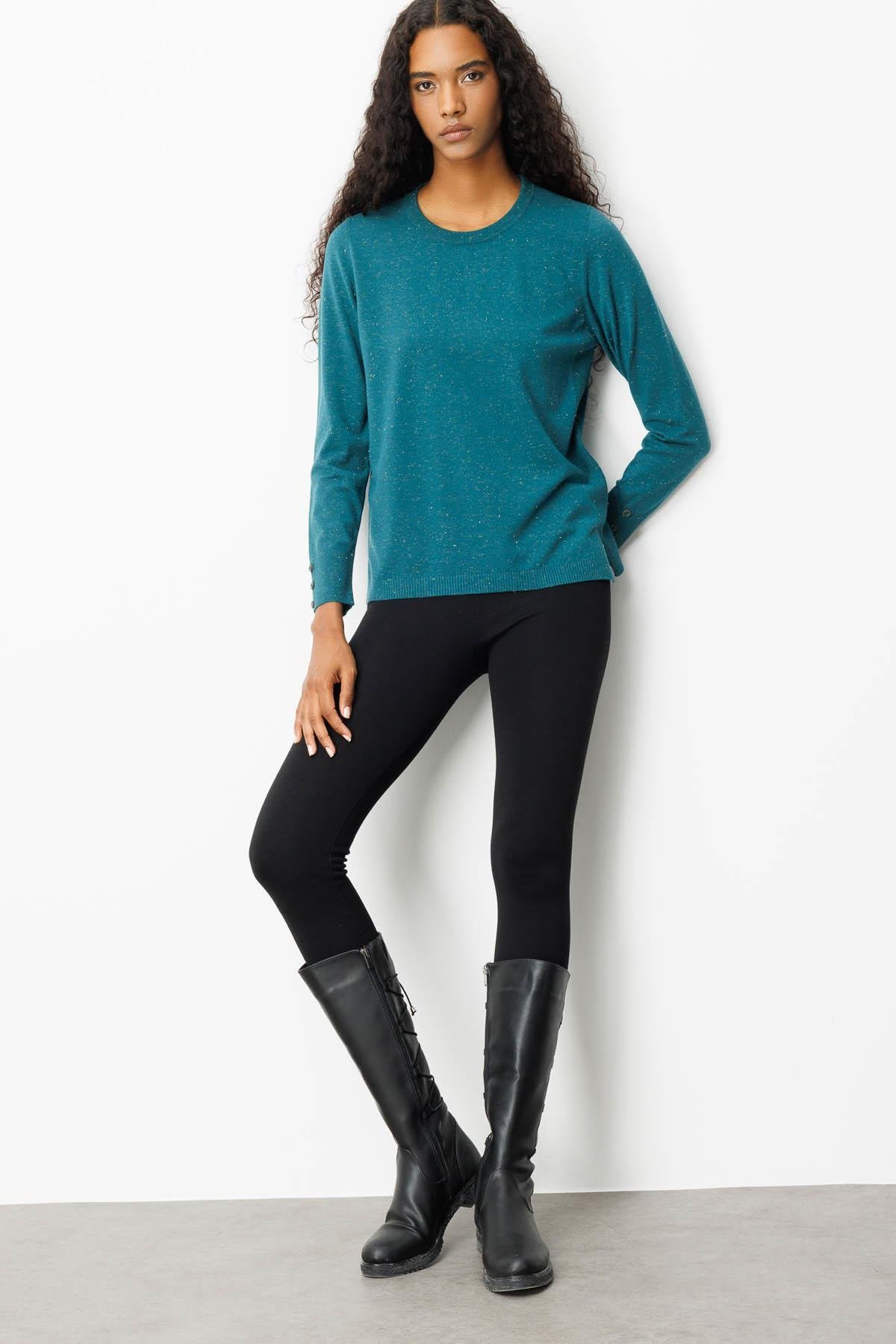 25293Kadın Sıfır Yaka Yırtmaçlı Yanı Düğmeli Kazak Yeşil