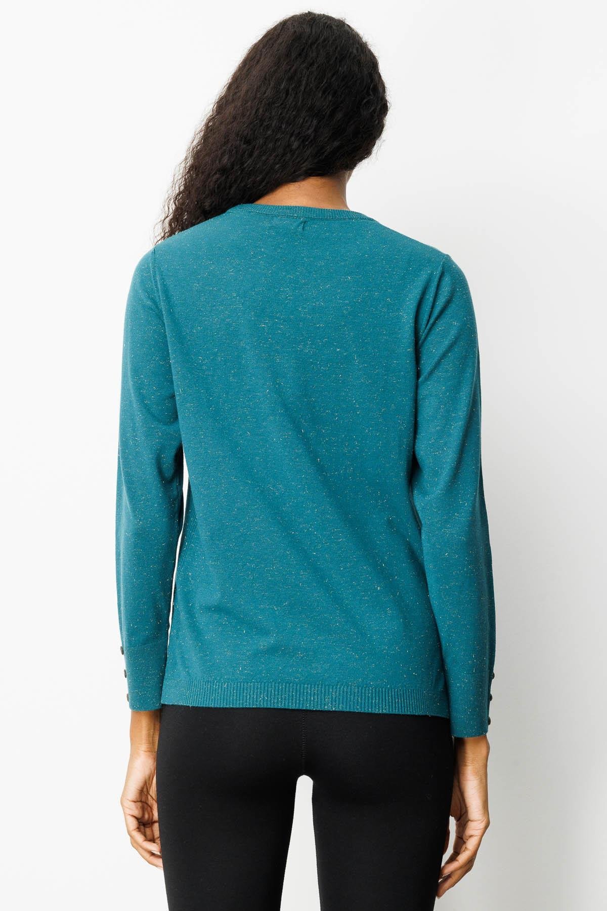 25293Kadın Sıfır Yaka Yırtmaçlı Yanı Düğmeli Kazak Yeşil