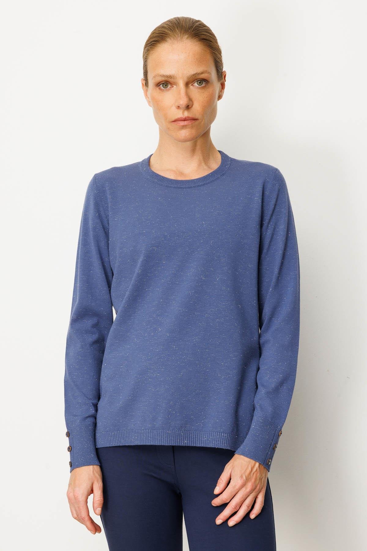 25293Kadın Sıfır Yaka Yırtmaçlı Yanı Düğmeli Kazak İndigo