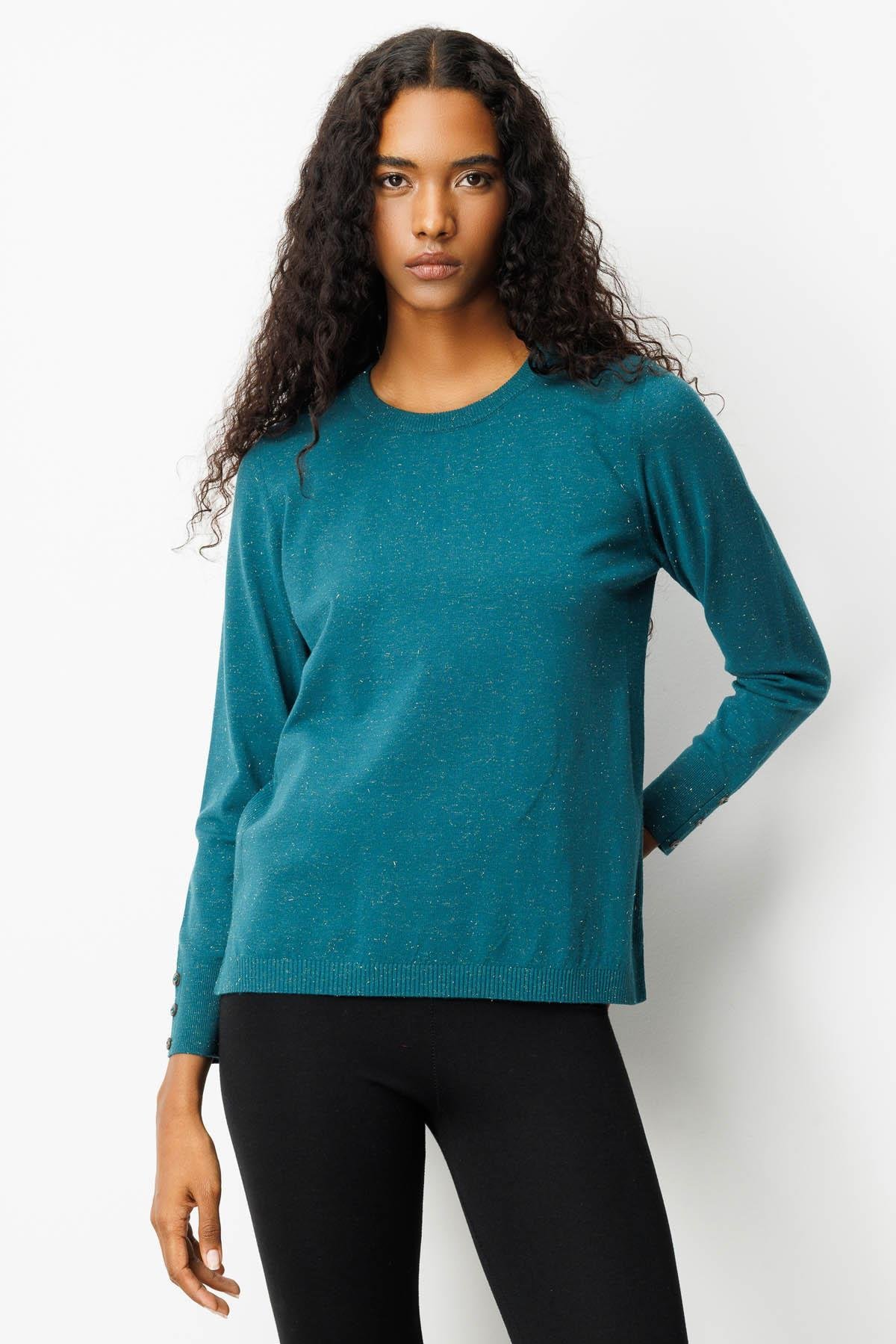 25293Kadın Sıfır Yaka Yırtmaçlı Yanı Düğmeli Kazak Yeşil