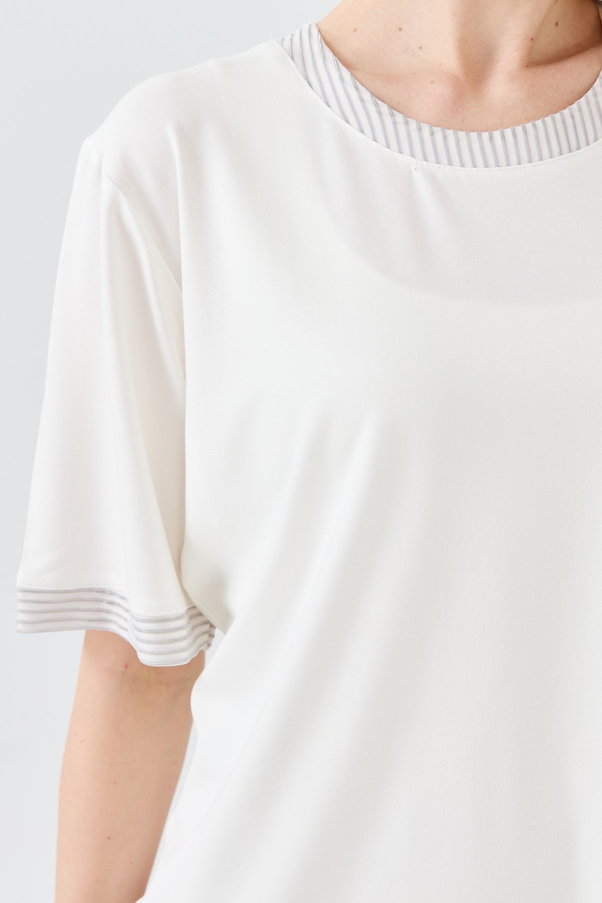 23764Kadın Sıfır Yaka Zincir Bantlı Penye T-shirt Kemik