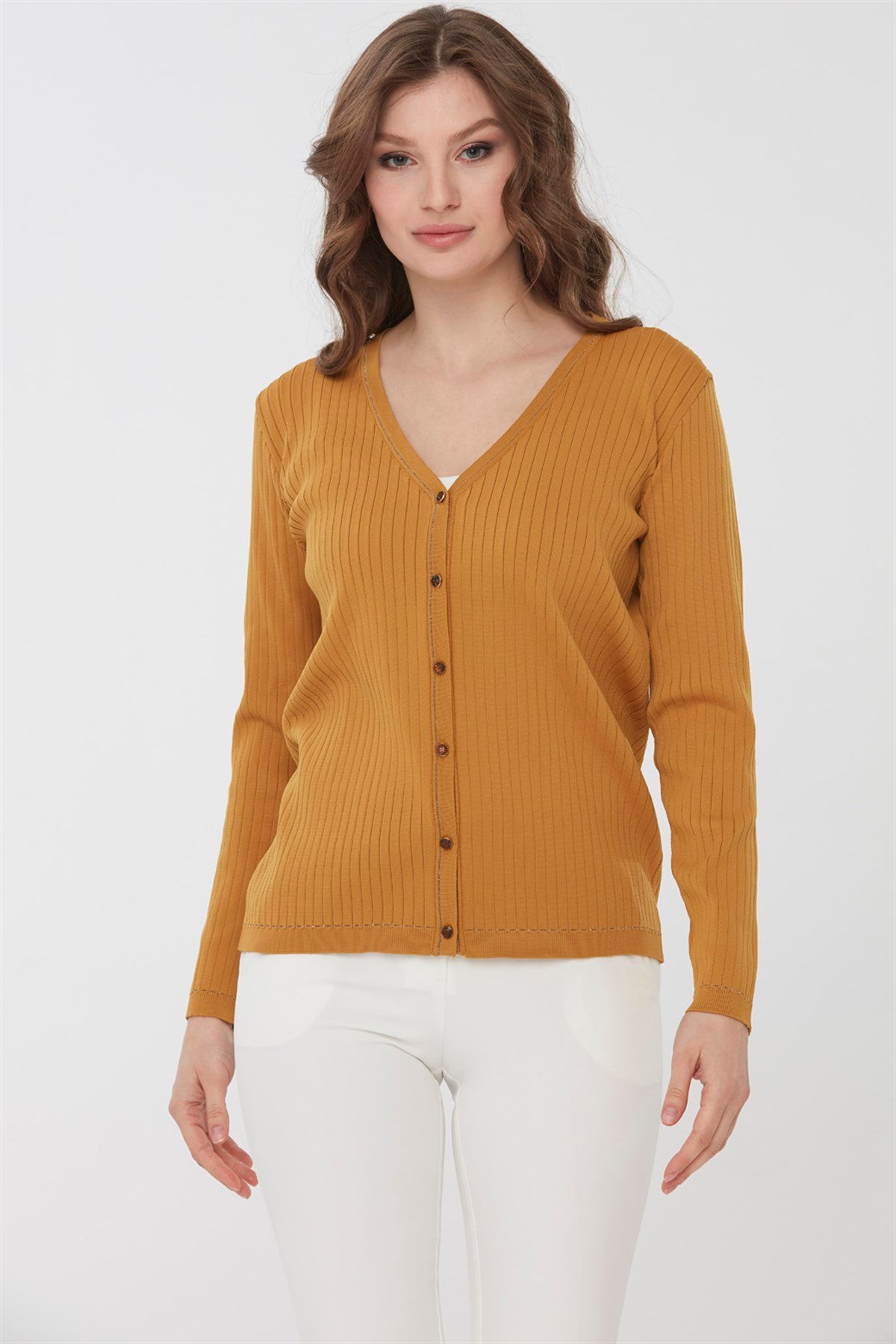 22361Kadın Simli Triko Yazlık Hırka Hardal