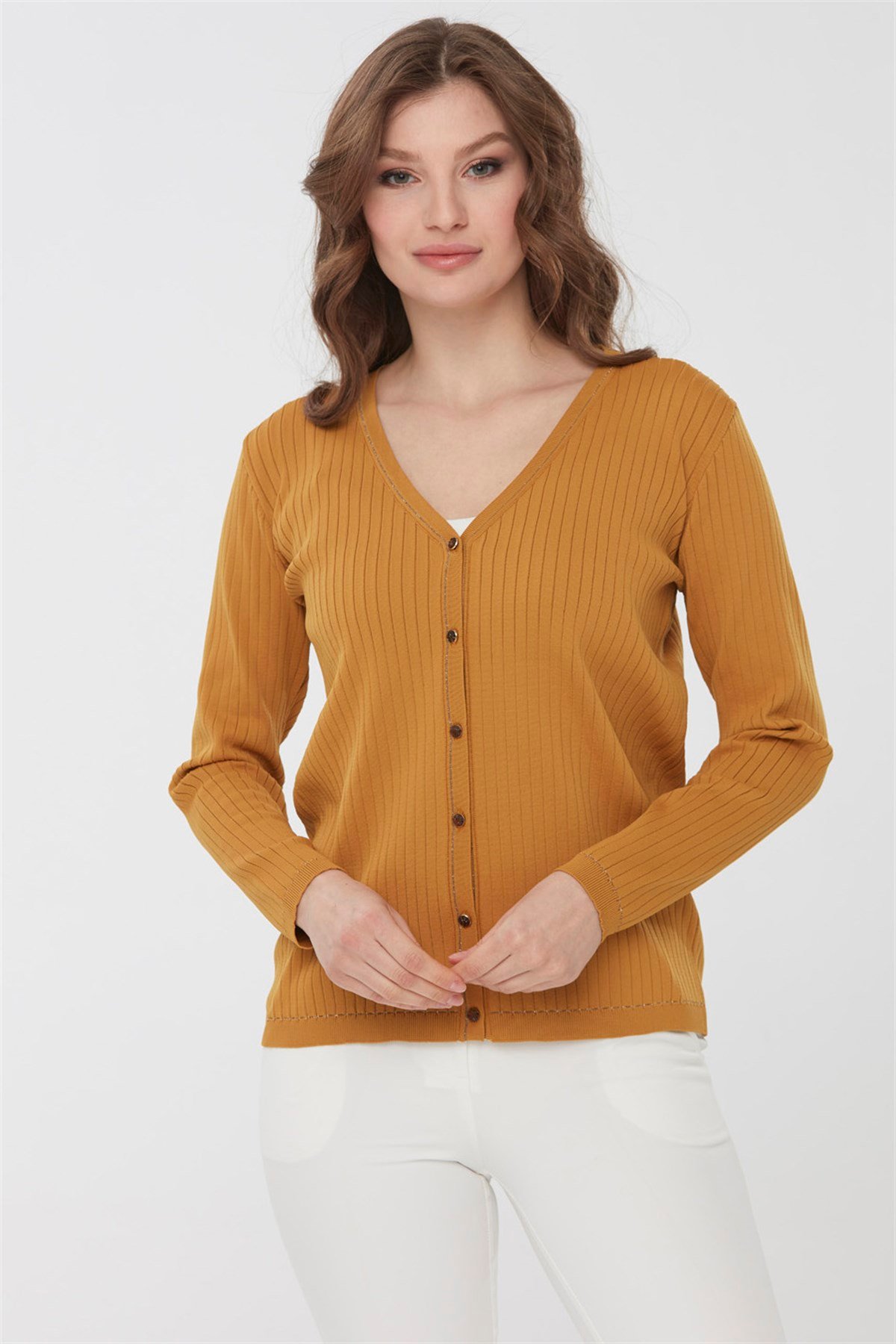 22361Kadın Simli Triko Yazlık Hırka Hardal