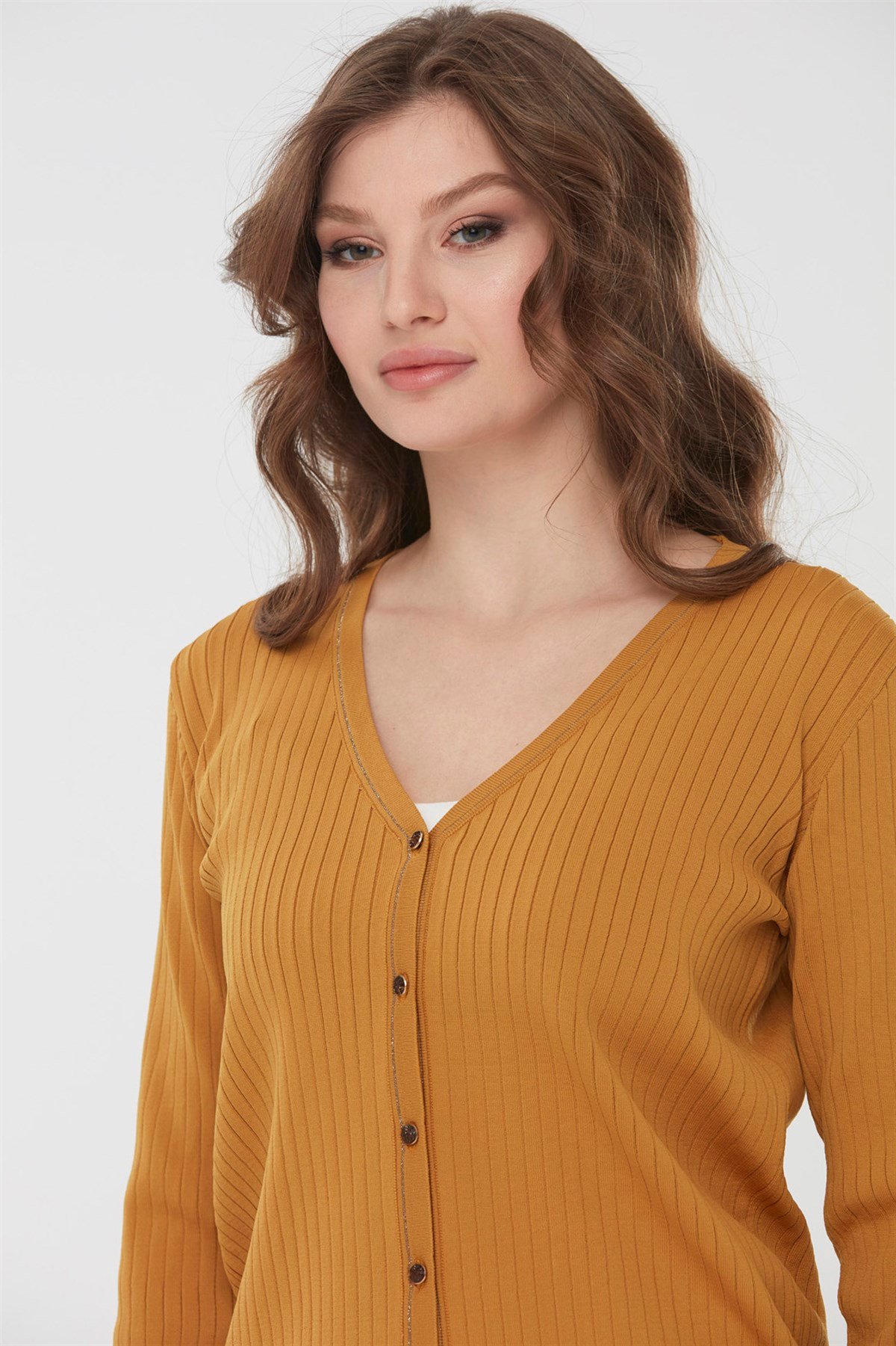 22361Kadın Simli Triko Yazlık Hırka Hardal