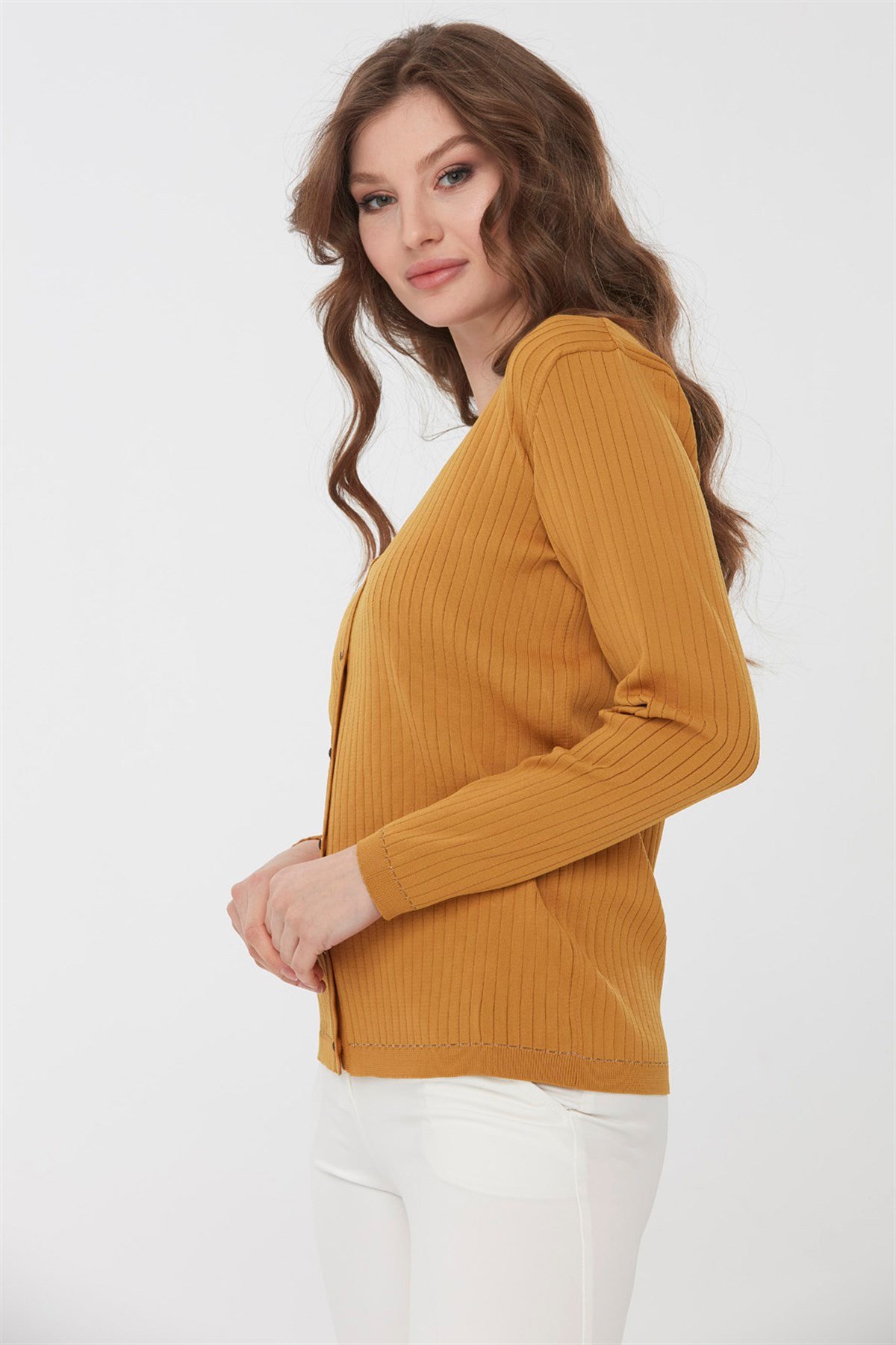 22361Kadın Simli Triko Yazlık Hırka Hardal