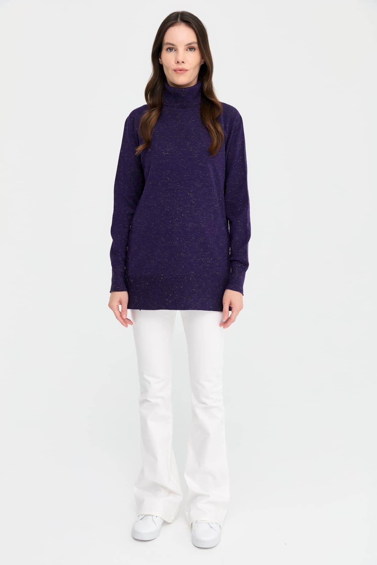 23391Kadın Tam Balıkçı Yaka Dikişsiz Kazak K.Mor