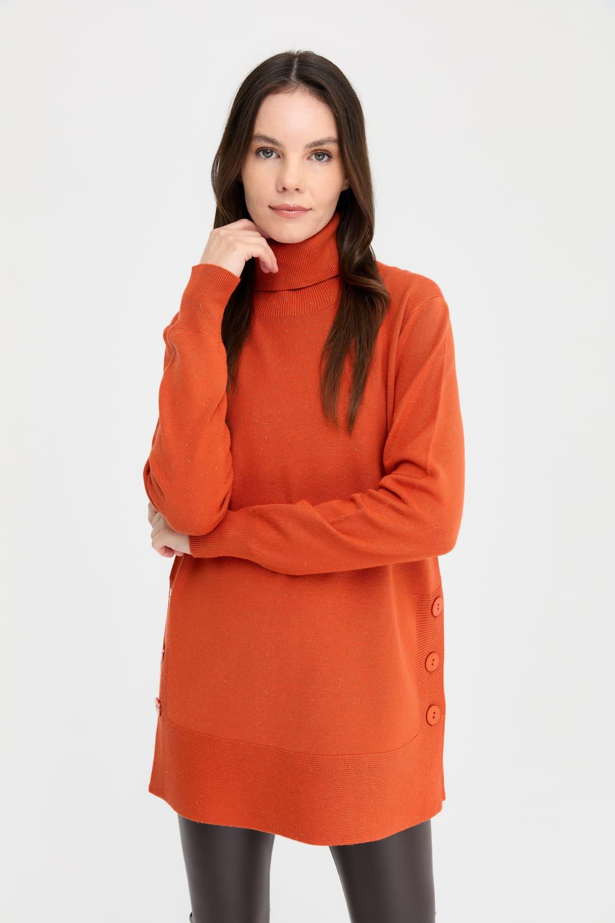 23391Kadın Tam Balıkçı Yaka Dikişsiz Kazak Portakal