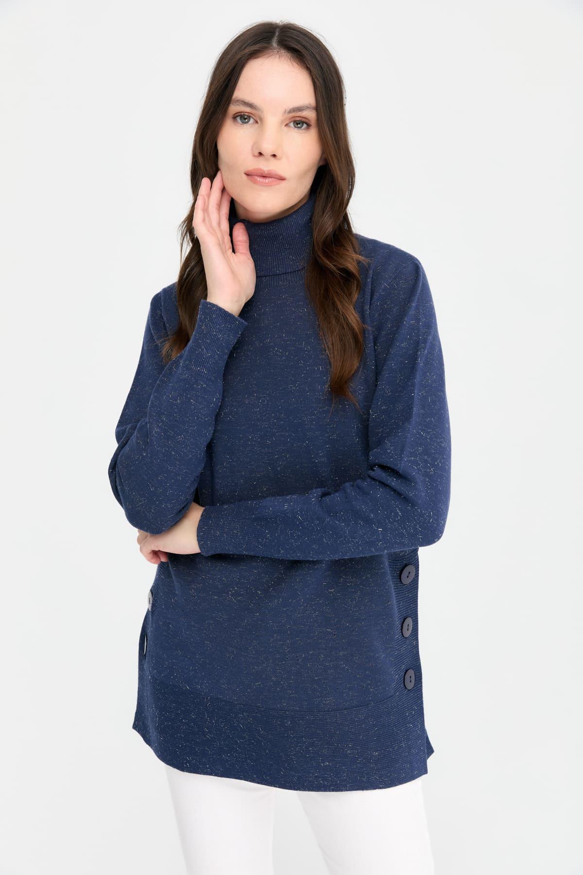 23391Kadın Tam Balıkçı Yaka Dikişsiz Kazak Lacivert