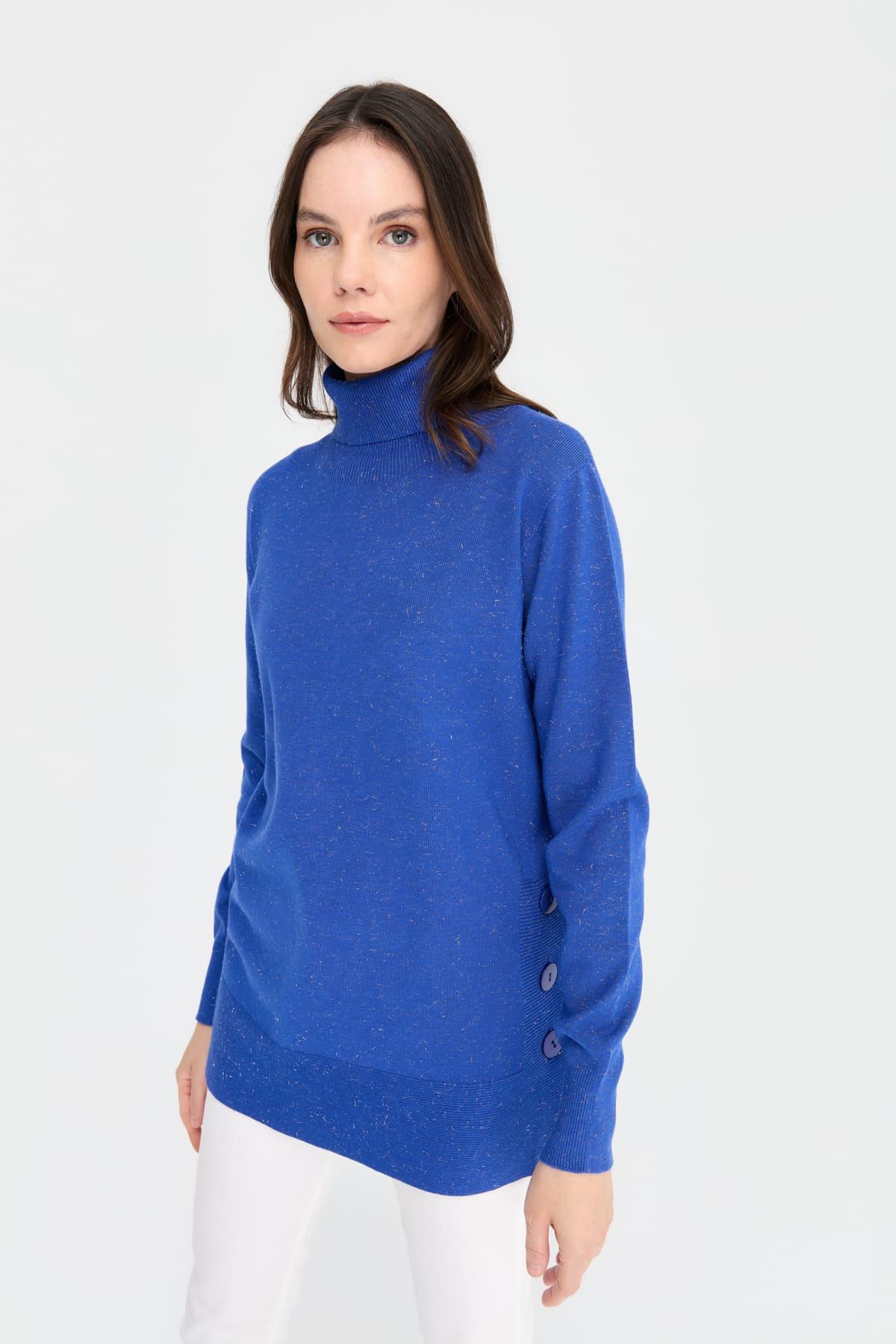 23391Kadın Tam Balıkçı Yaka Dikişsiz Kazak Saks