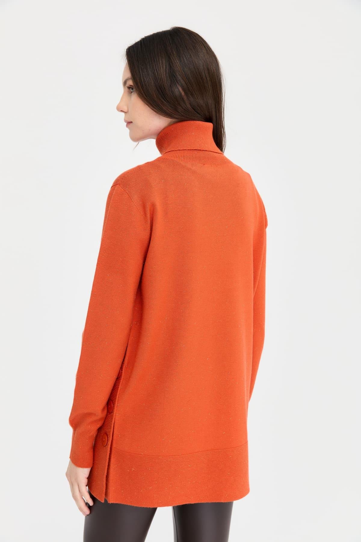 23391Kadın Tam Balıkçı Yaka Dikişsiz Kazak Portakal