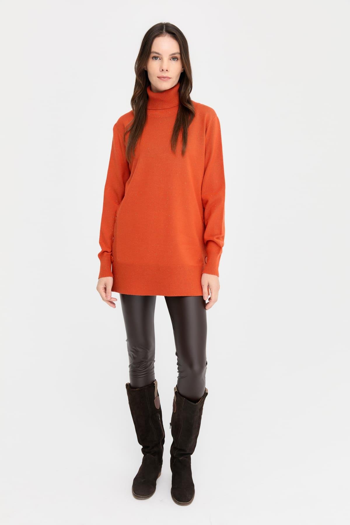 23391Kadın Tam Balıkçı Yaka Dikişsiz Kazak Portakal