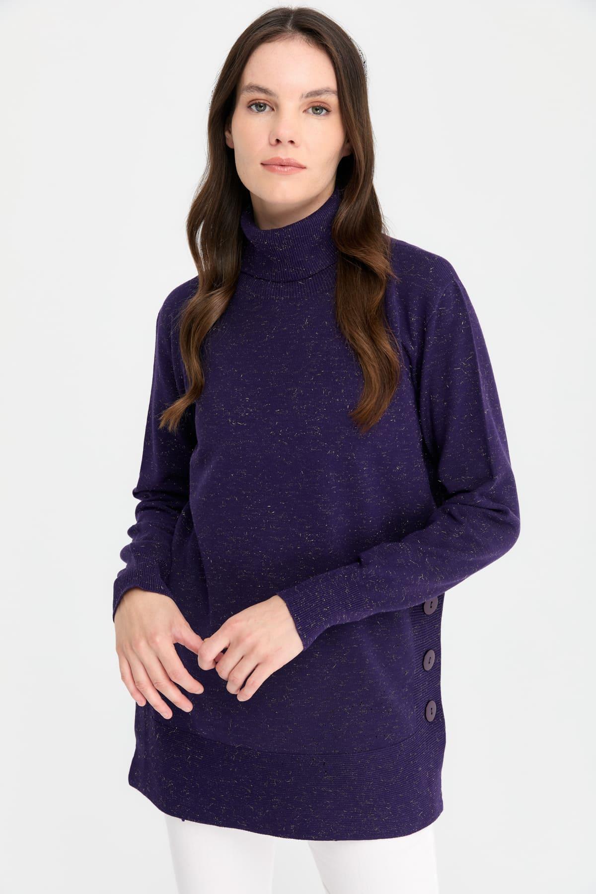 23391Kadın Tam Balıkçı Yaka Dikişsiz Kazak K.Mor