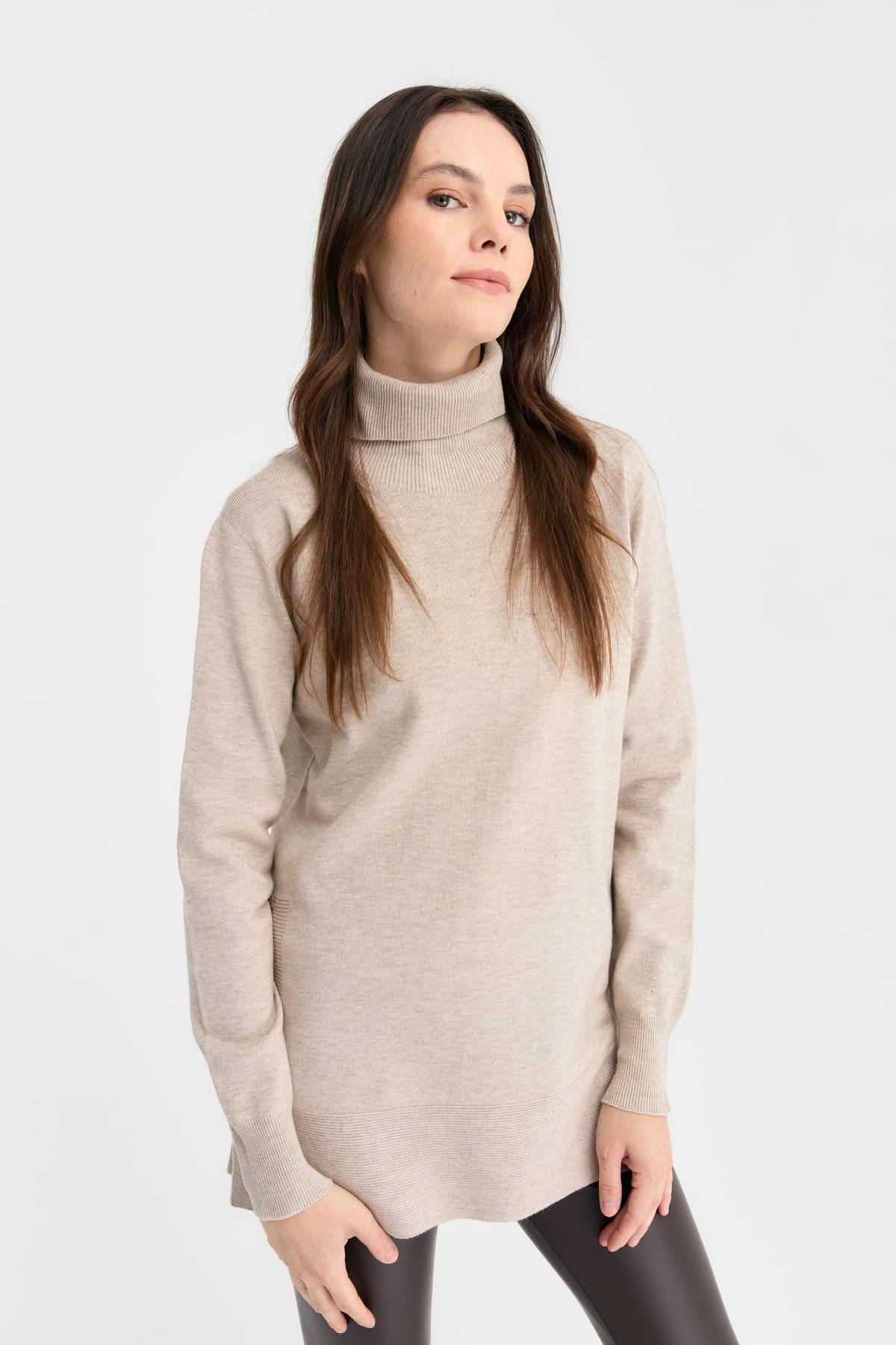 23391Kadın Tam Balıkçı Yaka Dikişsiz Kazak B.Melanj