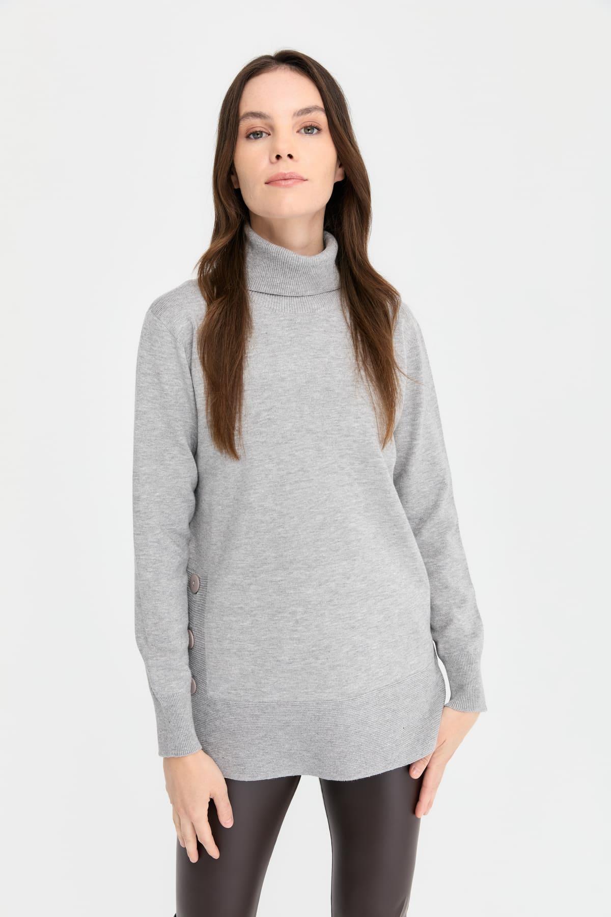 23391Kadın Tam Balıkçı Yaka Dikişsiz Kazak Gri