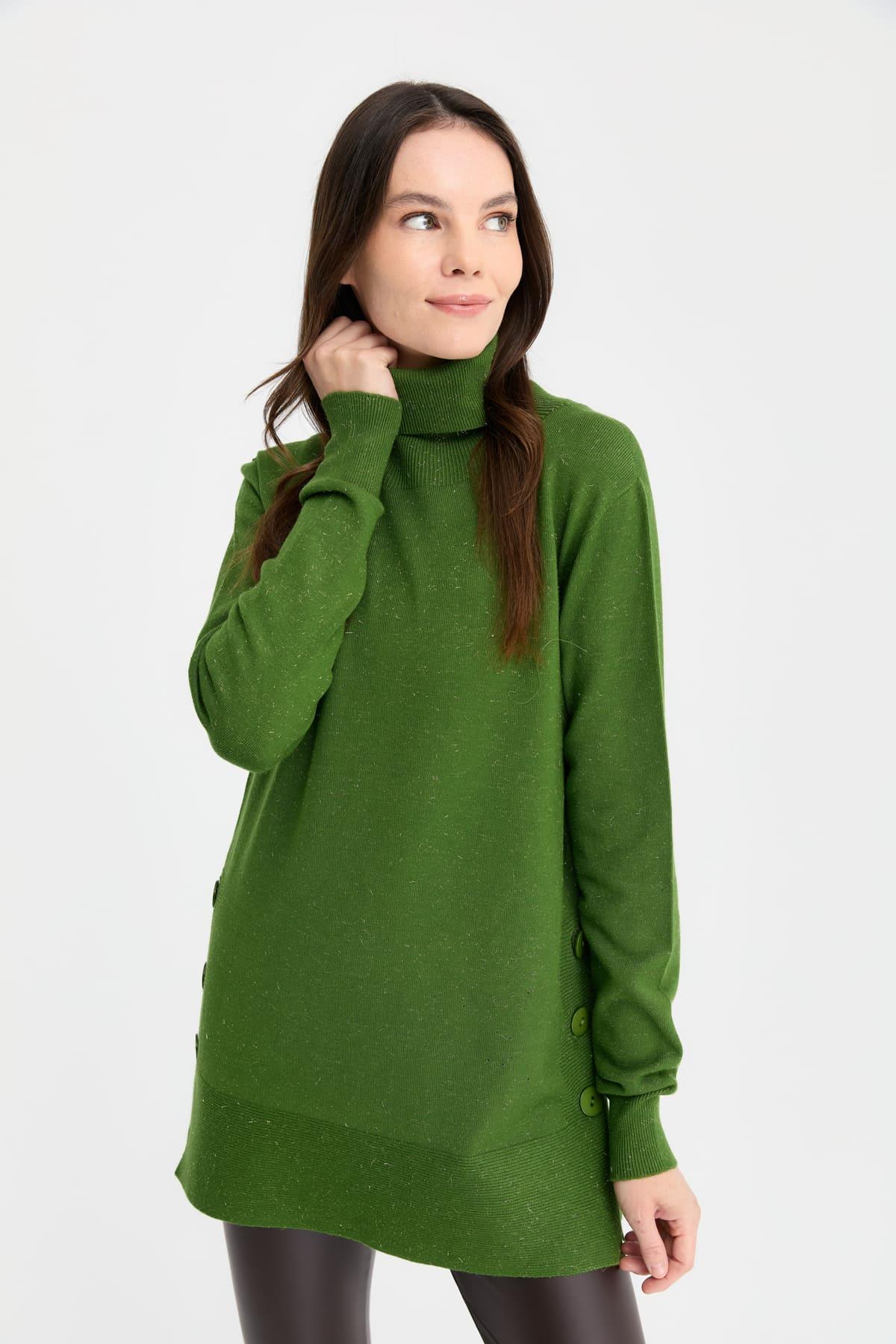 23391Kadın Tam Balıkçı Yaka Dikişsiz Kazak K.Yosun