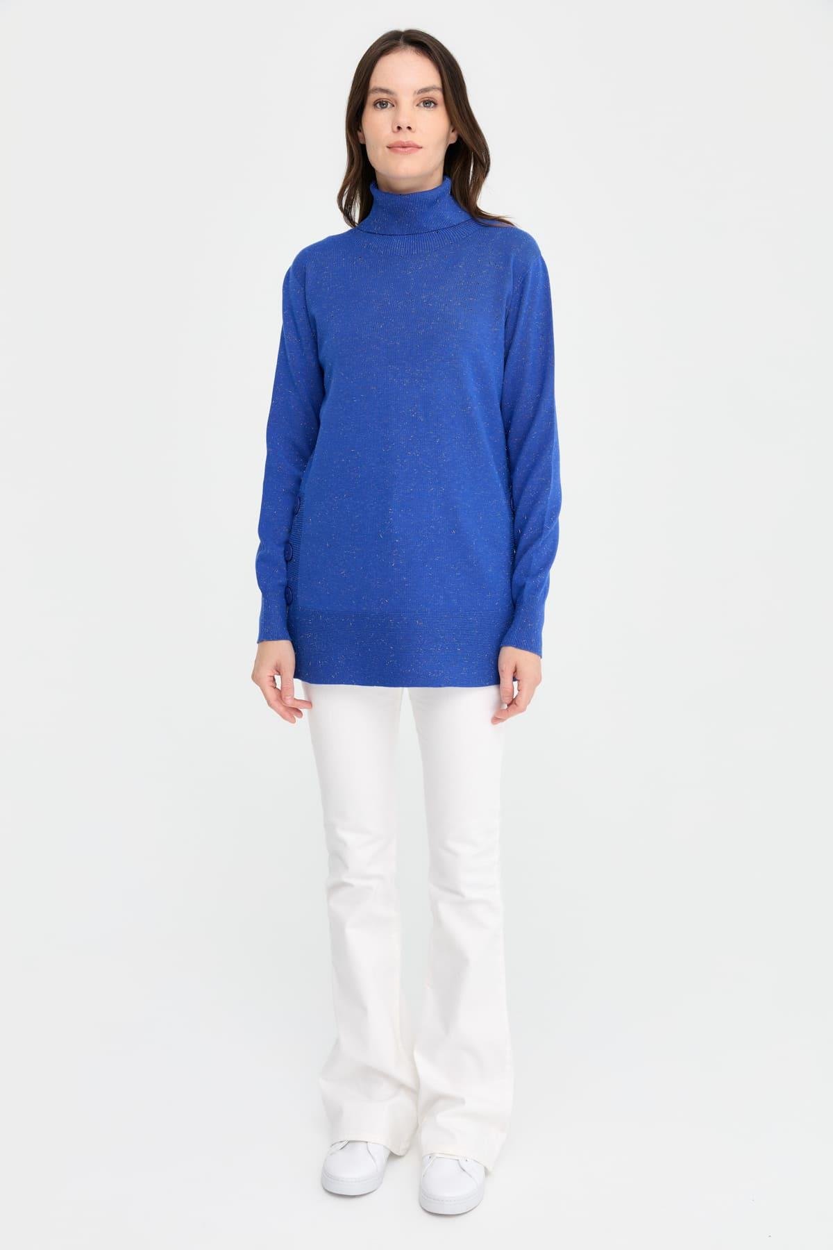 23391Kadın Tam Balıkçı Yaka Dikişsiz Kazak Saks