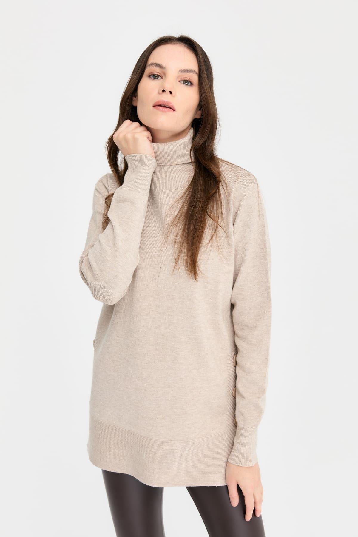 23391Kadın Tam Balıkçı Yaka Dikişsiz Kazak B.Melanj