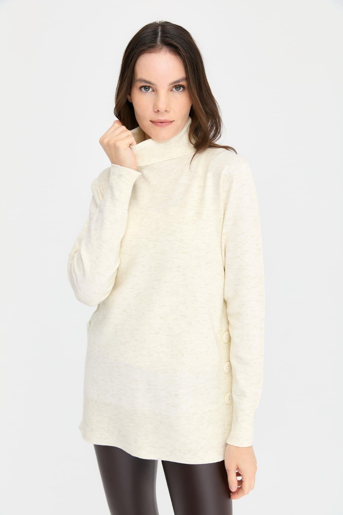 23391Kadın Tam Balıkçı Yaka Dikişsiz Kazak Kemik