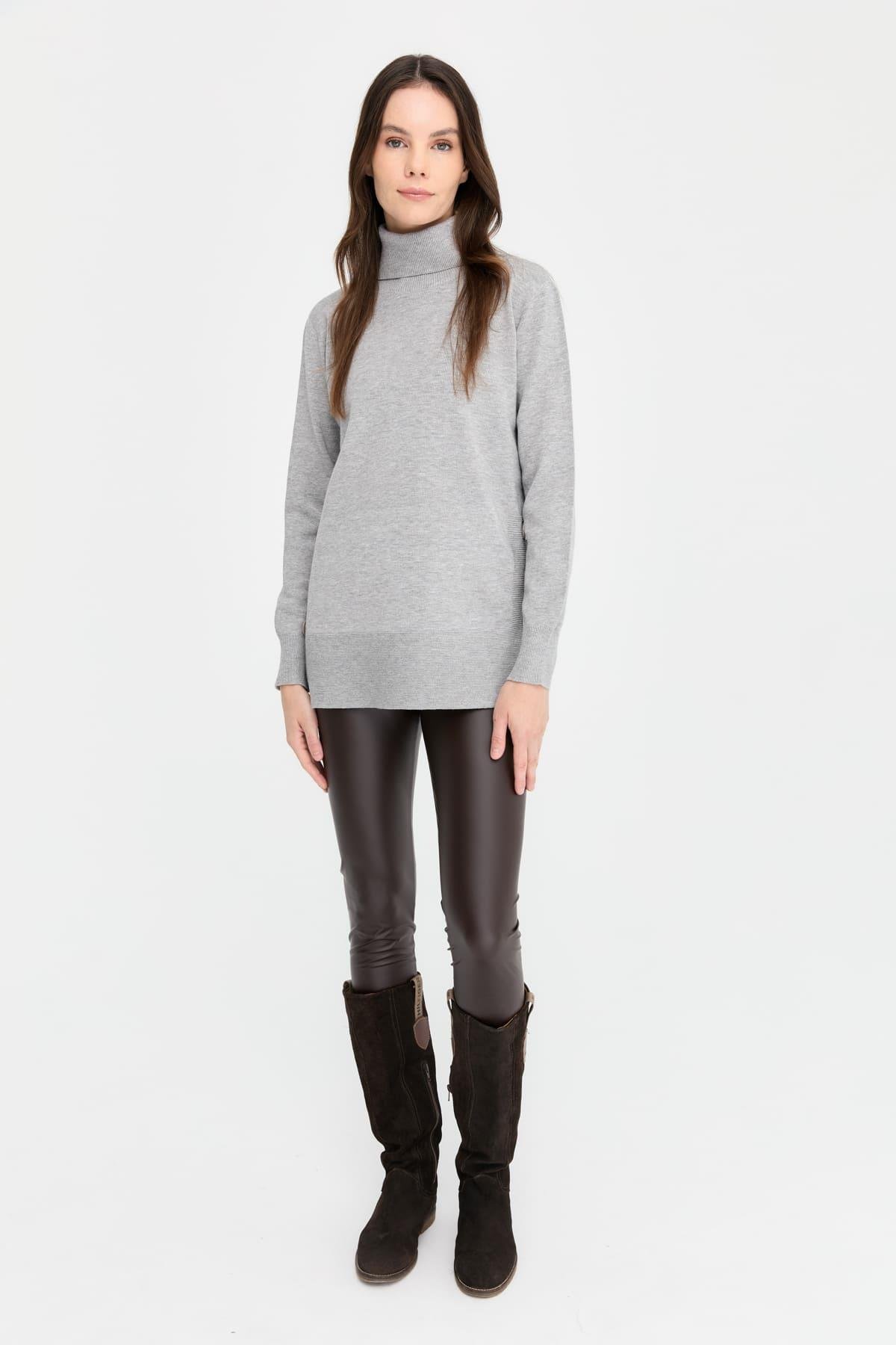 23391Kadın Tam Balıkçı Yaka Dikişsiz Kazak Gri