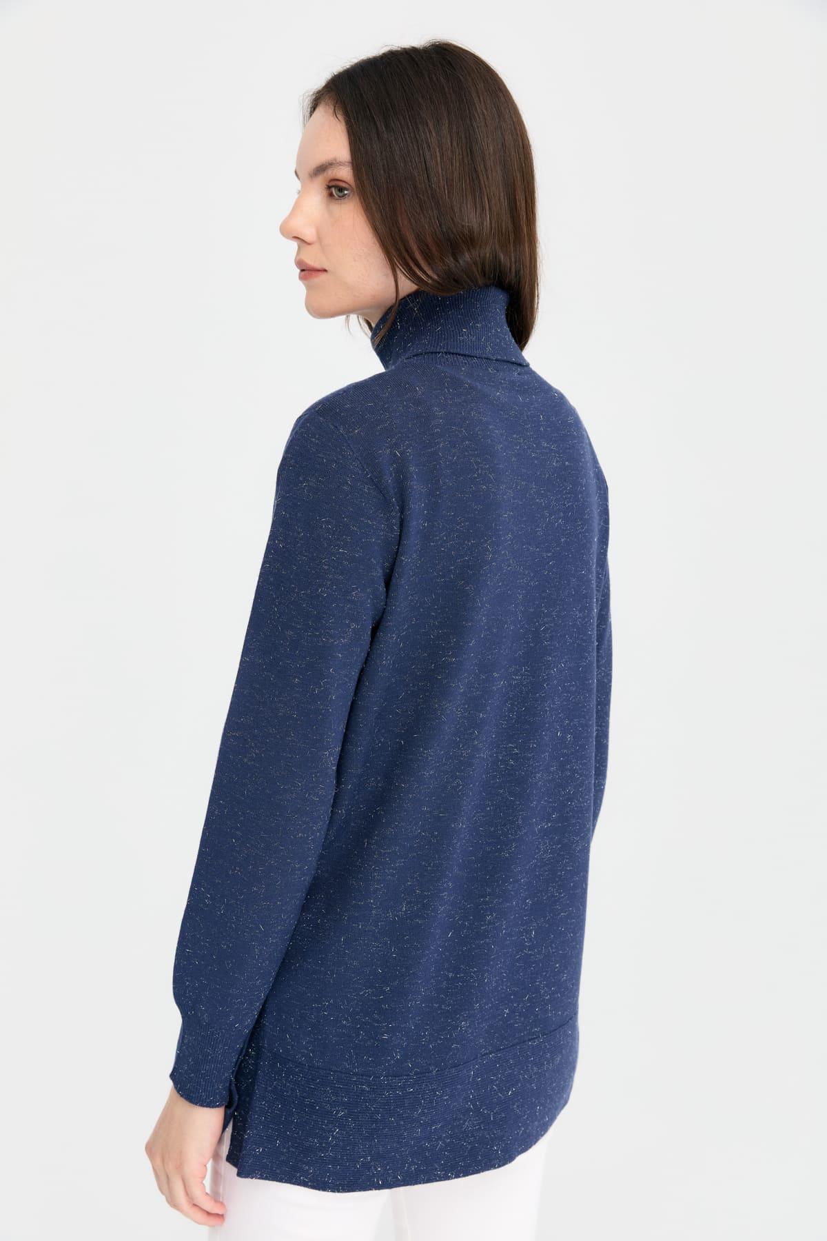 23391Kadın Tam Balıkçı Yaka Dikişsiz Kazak Lacivert