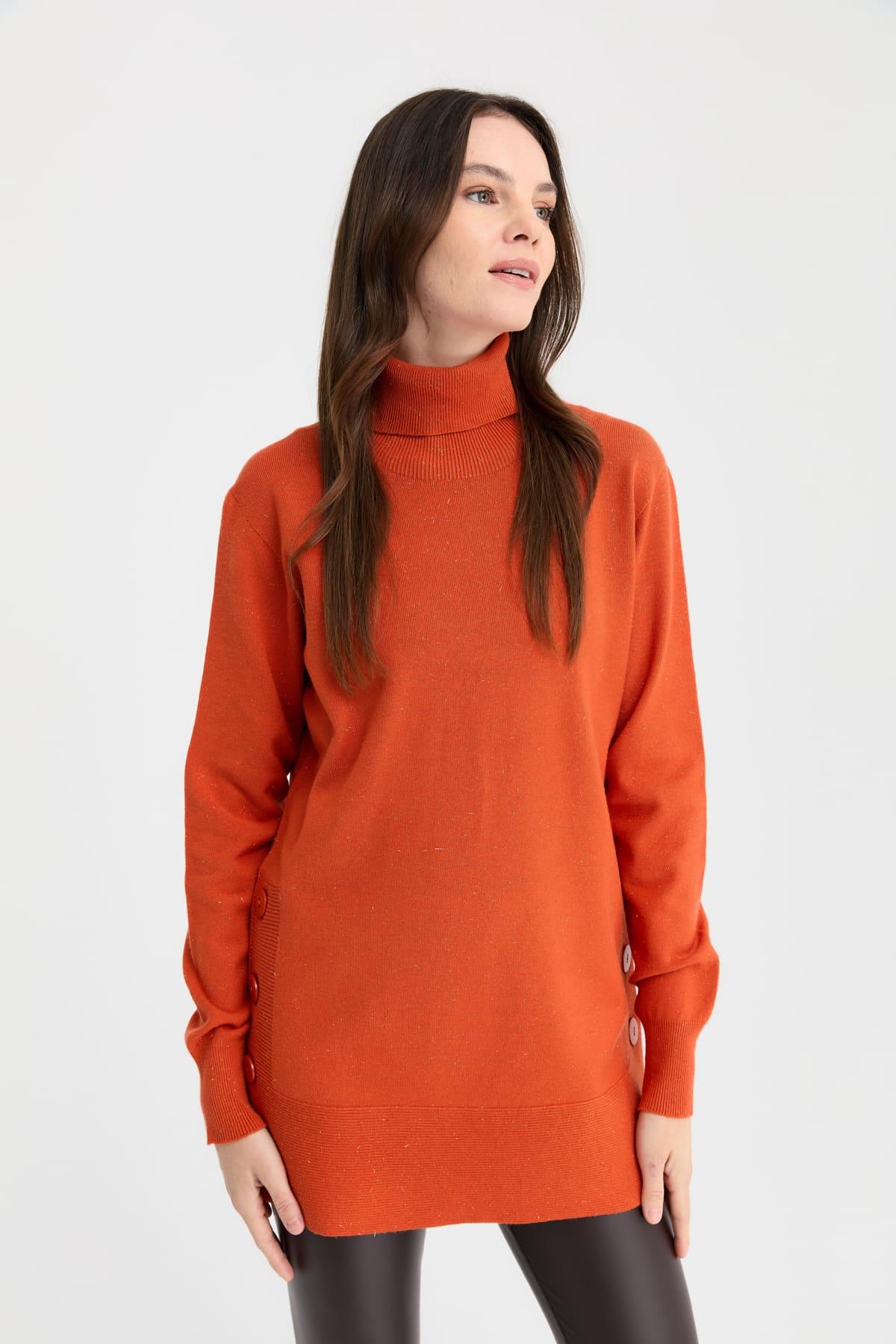 23391Kadın Tam Balıkçı Yaka Dikişsiz Kazak Portakal